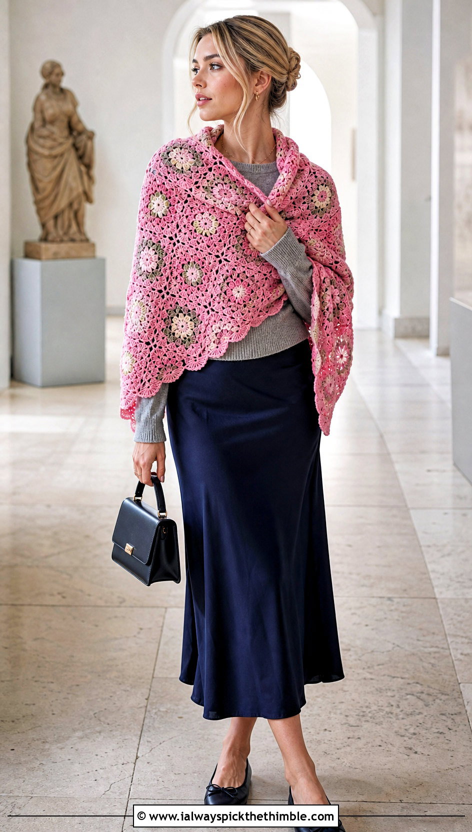 Floral Granny Motif Shawl With Midi Skirt - 15 Granny Crochet Shawl outfit ideas