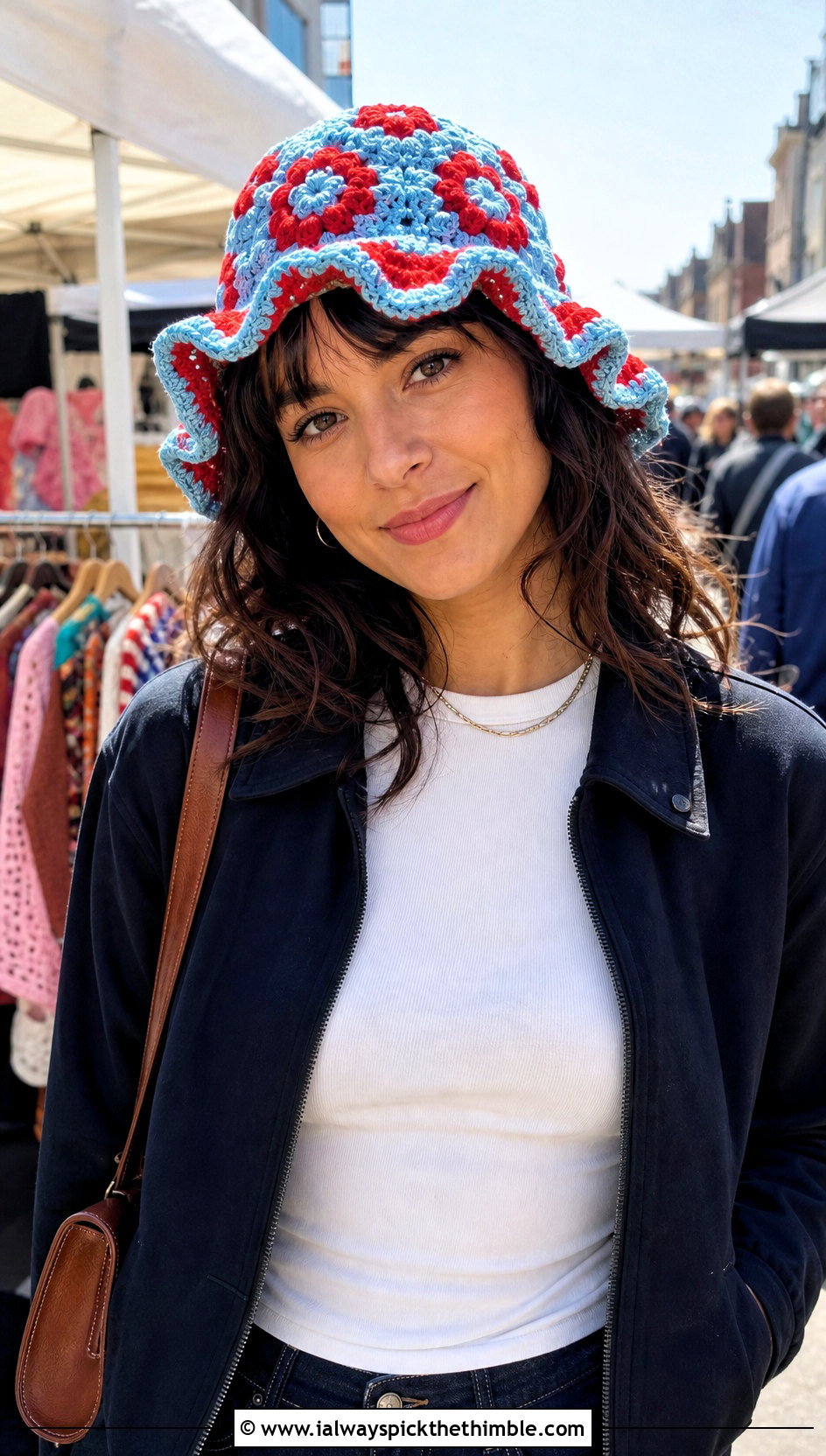 Floral Granny Ruffle Hat With Denim Midi Skirt - 25 crochet ruffle hat outfit ideas