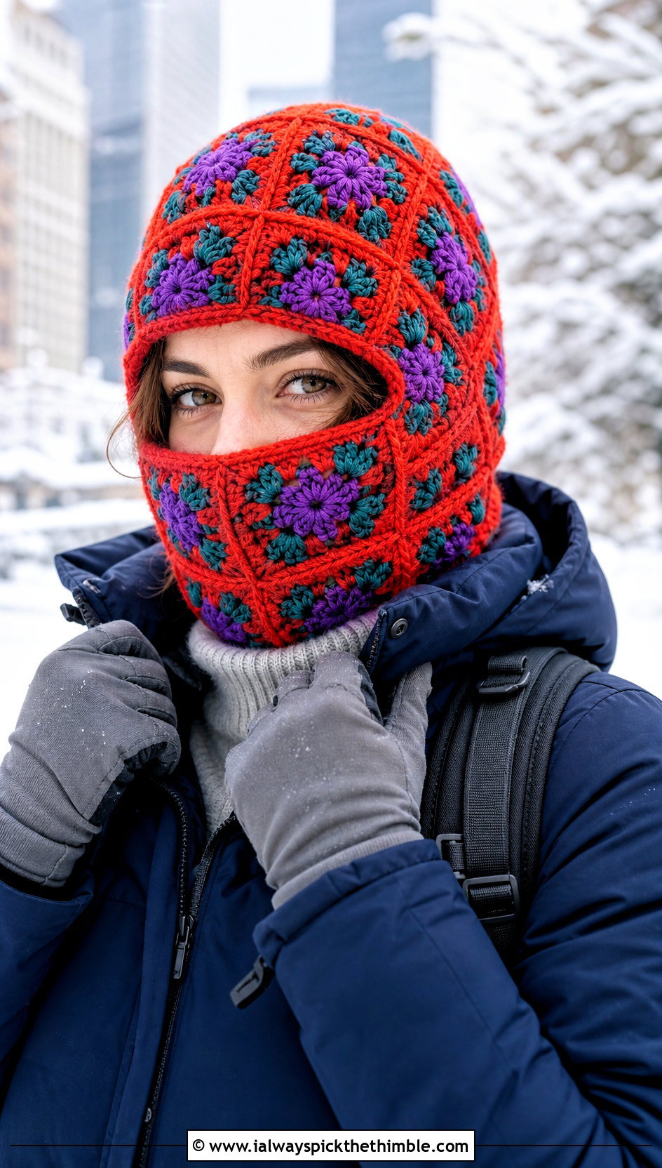 Floral Granny Square Balaclava With Winter Parka - 20 crochet granny square balaclava outfit ideas