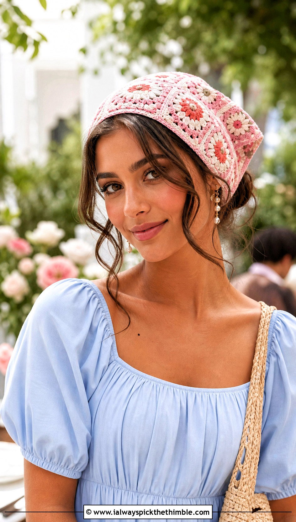Floral Granny Square Bandana With Summer Dress - 20 crochet bandana hair scarf outfit ideas
