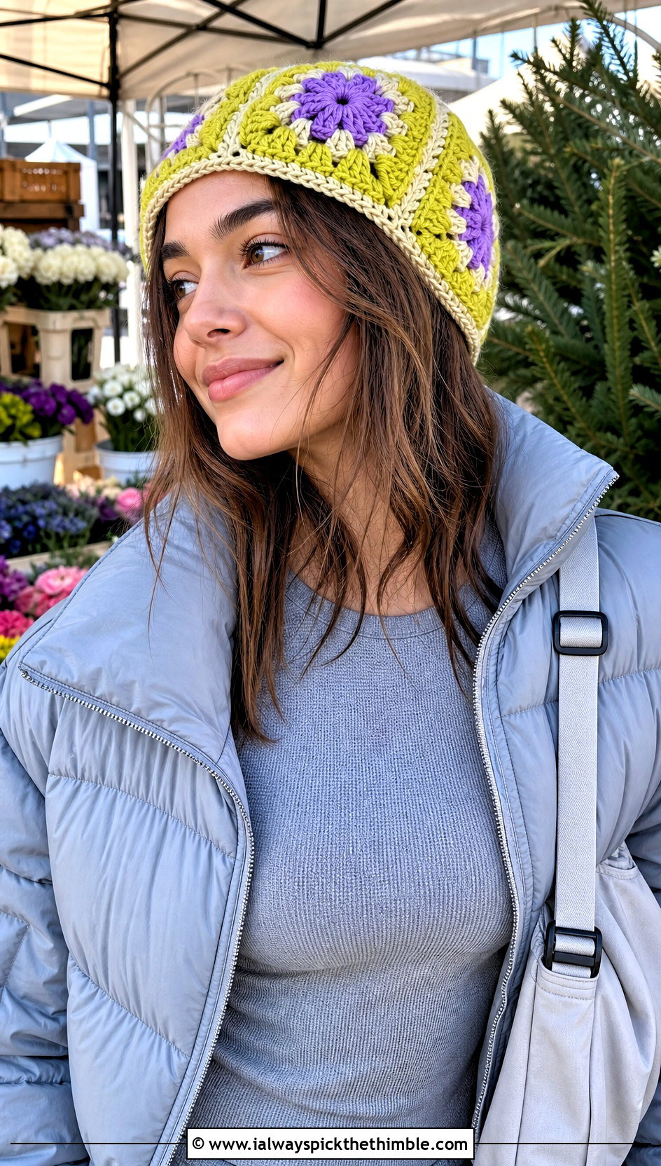Floral Granny Square Beanie With Puffer Jacket - 25 crochet granny square beanie outfit ideas