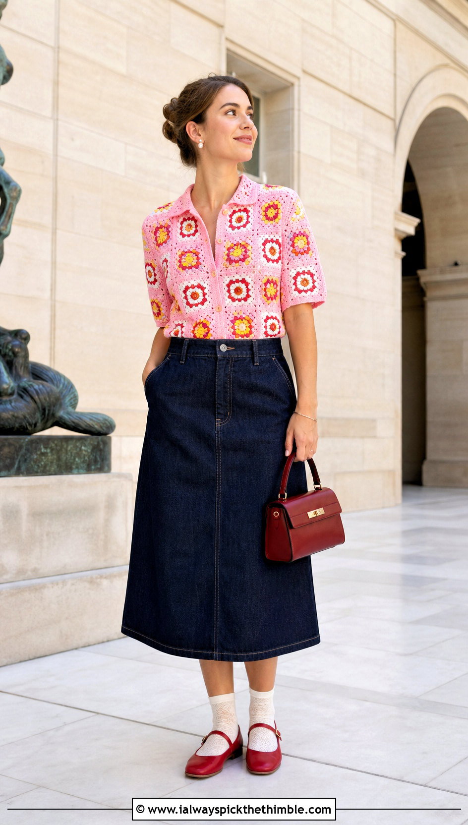 Floral Granny Square Button Up Shirt With Denim Midi Skirt - 20 Granny Square Button Up Shirt outfit ideas