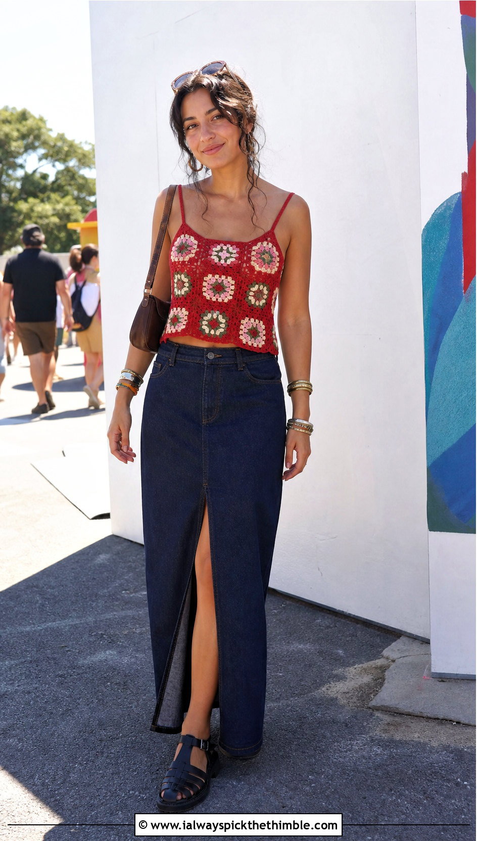 Floral Granny Square Camisole With Denim Maxi Skirt - 20 crochet floral lace top outfit ideas