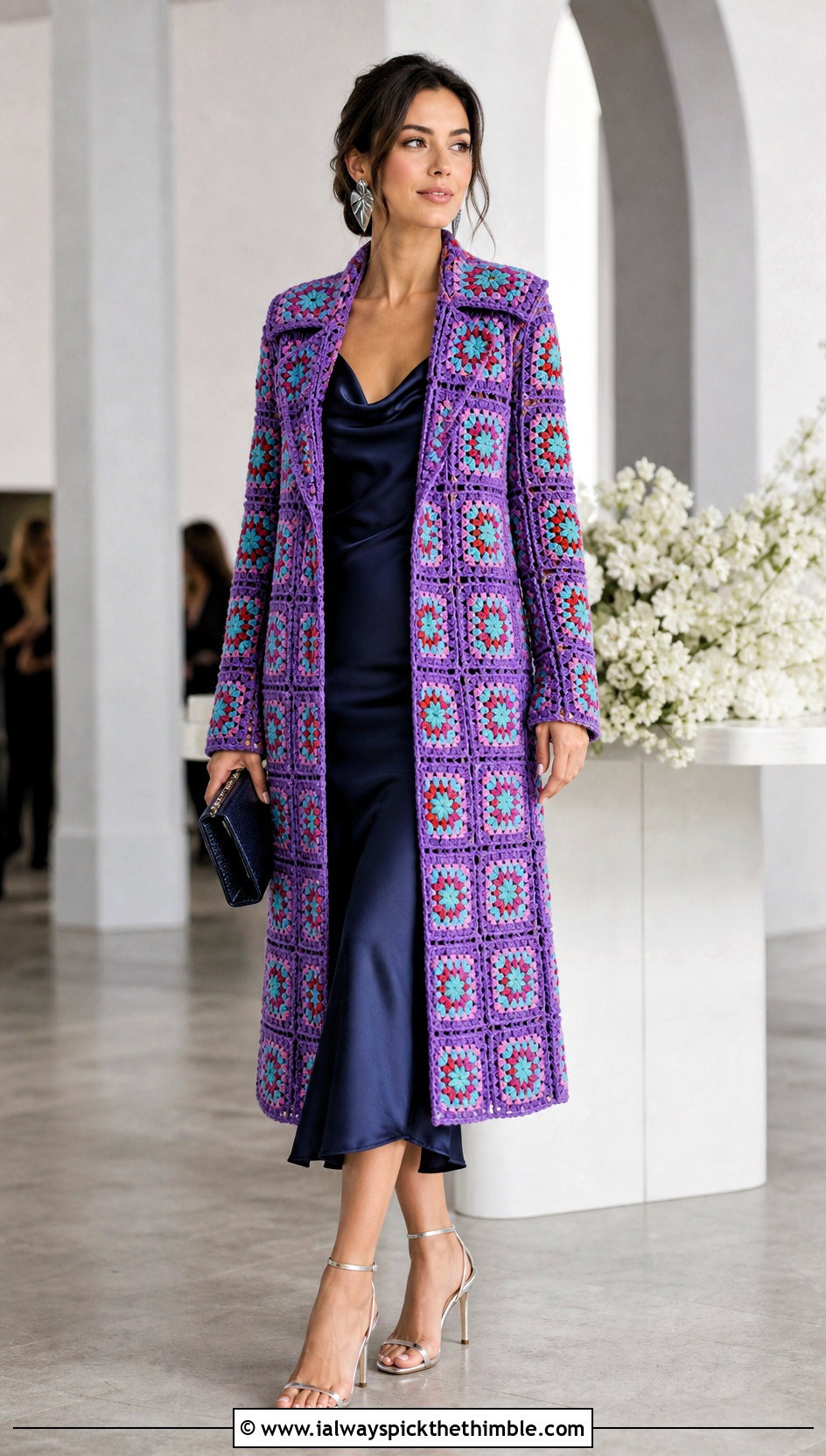 Floral Granny Square Car Coat With Slip Dress - 15 Granny Square Car Coat outfit ideas