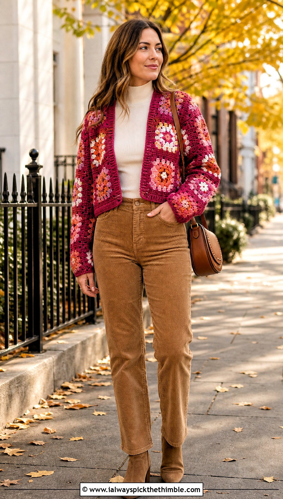 Floral Granny Square Cardigan With Corduroy Pants - 25 crochet granny cardigan outfit ideas