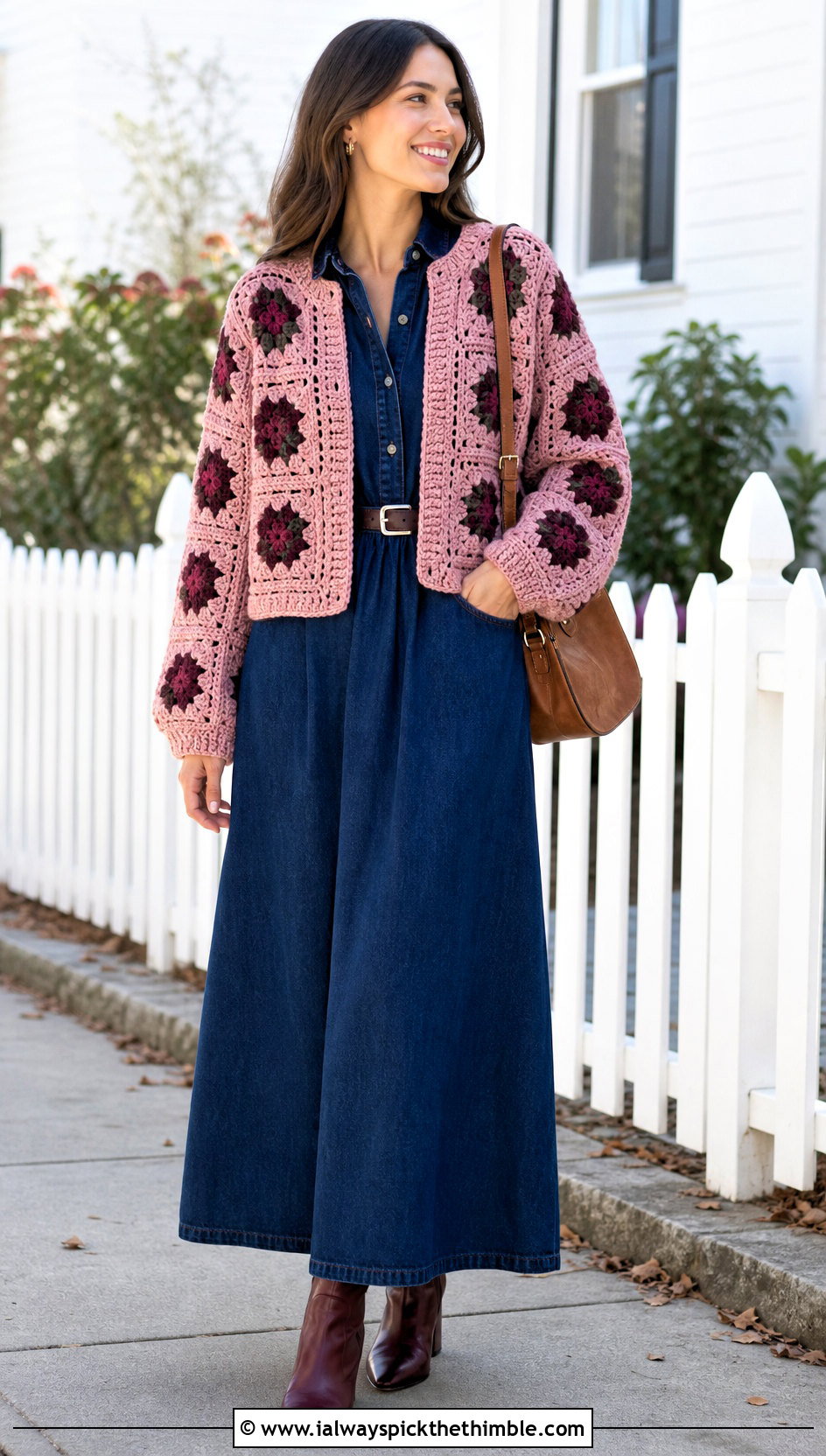 Floral Granny Square Cardigan With Denim Maxi Dress - 15 Everyday Granny Square Cardigan outfit ideas