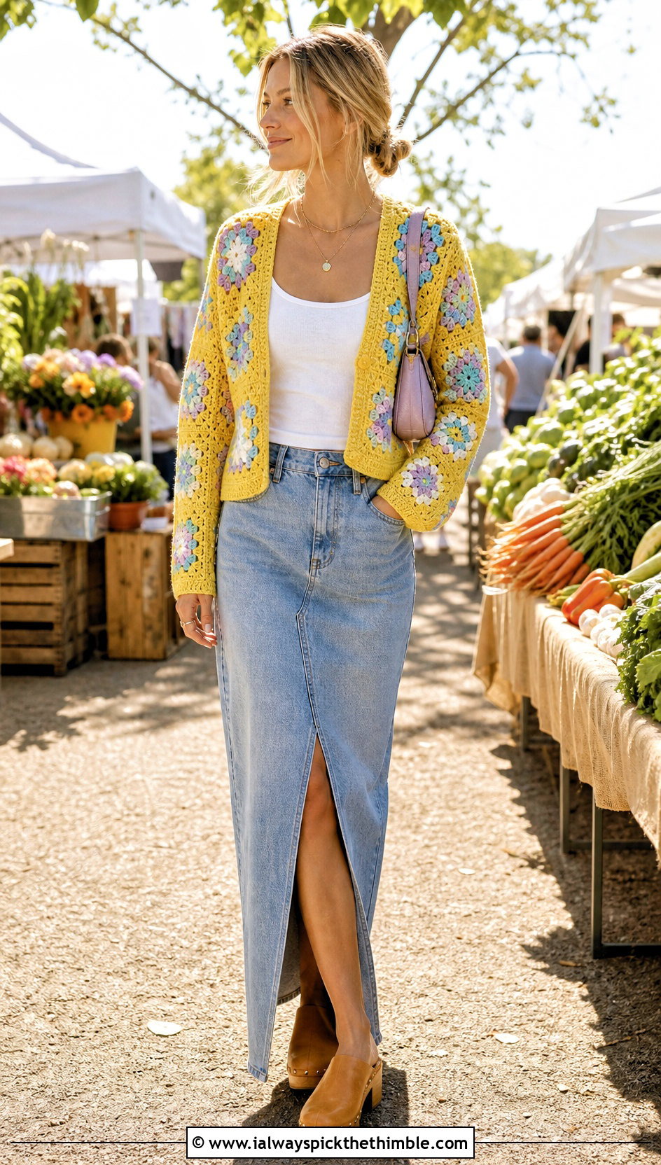 Floral Granny Square Cardigan With Denim Maxi Skirt - 15 harry styles patchwork crochet cardigan outfit ideas