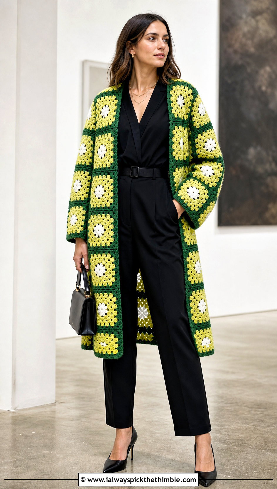Floral Granny Square Coat With Black Jumpsuit - 20 granny square coat outfit ideas