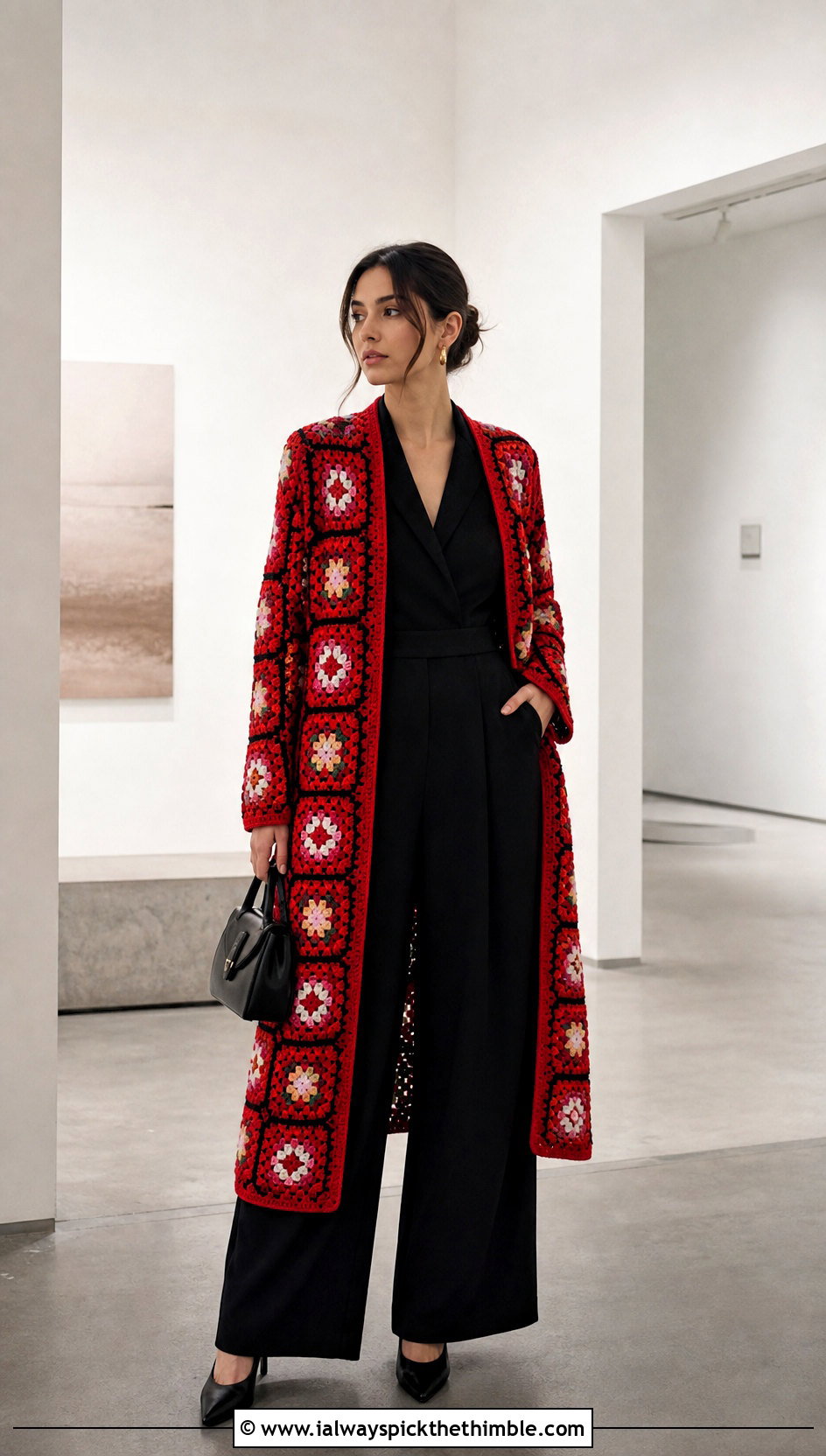 Floral Granny Square Coat With Black Jumpsuit - 20 crochet granny square coat outfit ideas