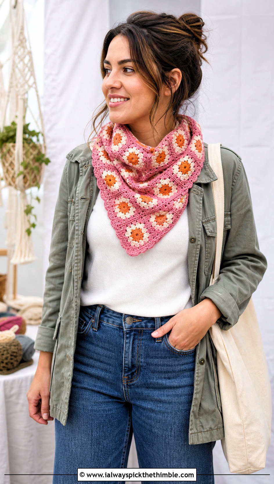 Floral Granny Square Crochet Bandana Cowl With Utility Jacket - 20 crochet bandana cowl outfit ideas