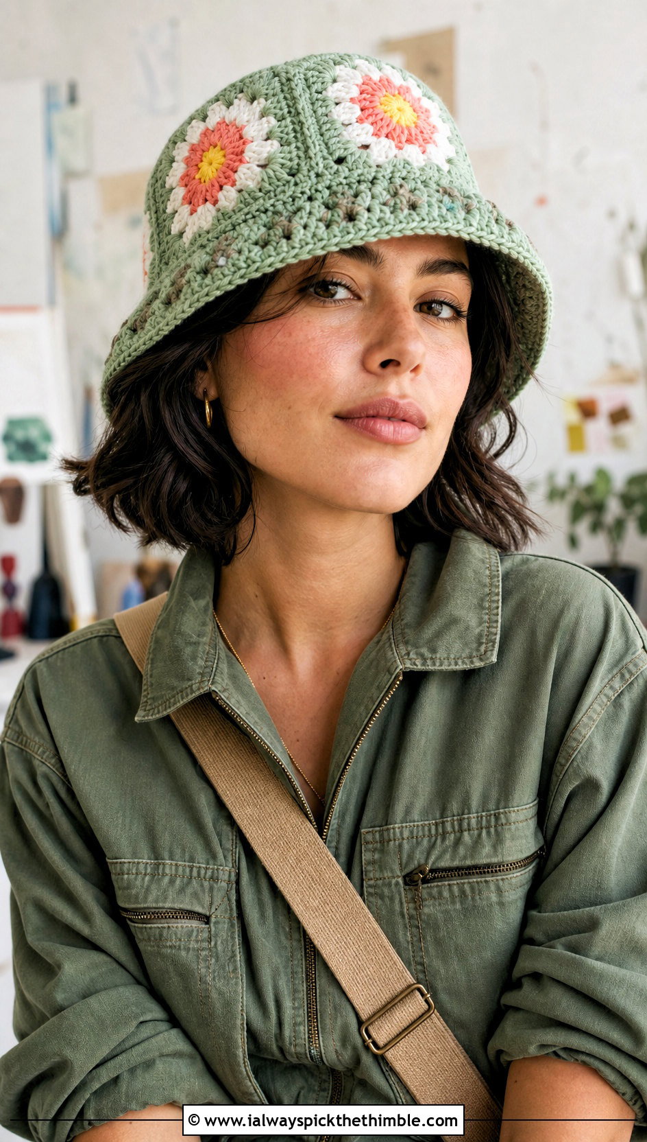 Floral Granny Square Crochet Bucket Hat With Utility Jumpsuit - 25 crochet bucket hat outfit ideas