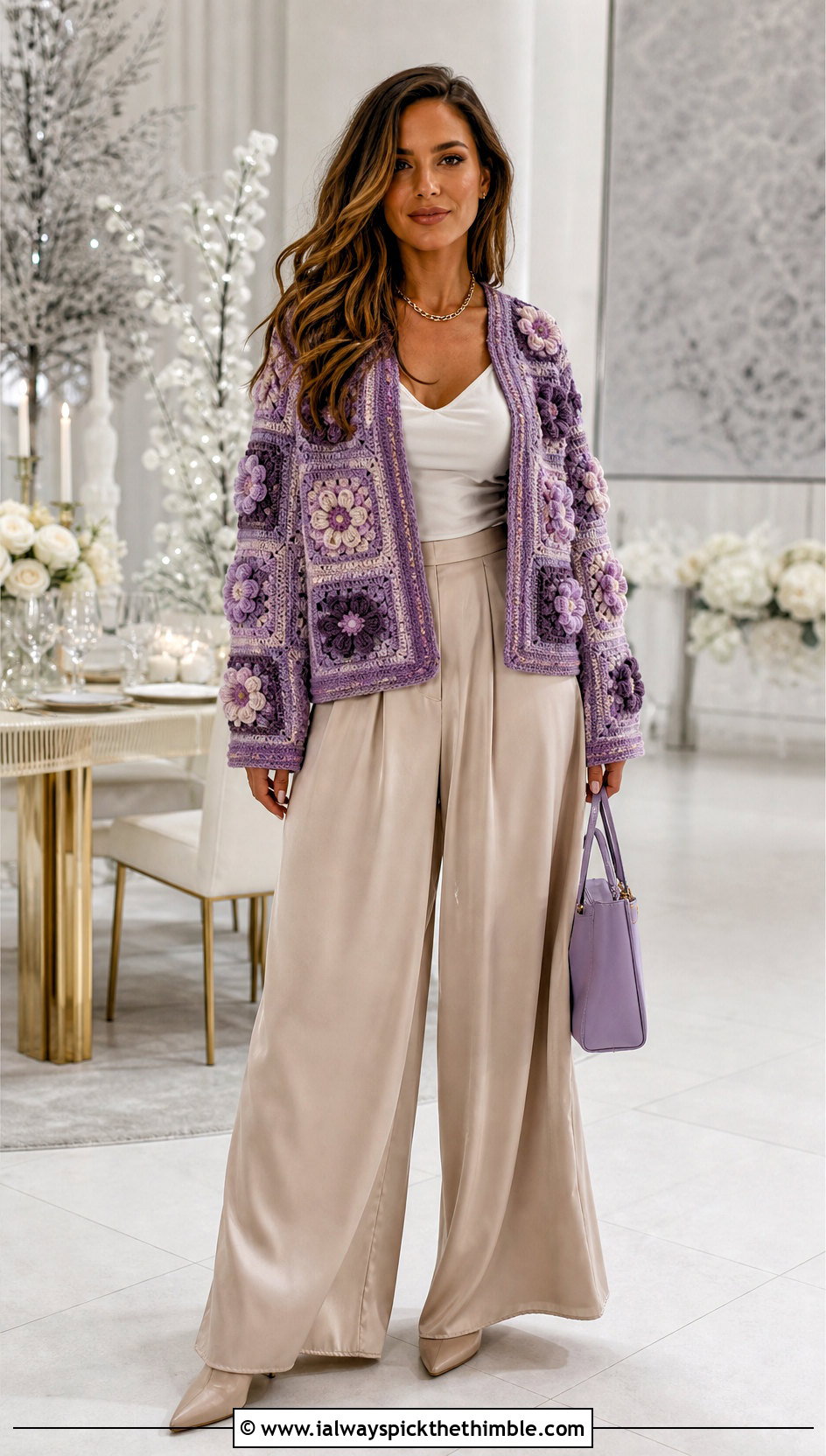 Floral Granny Square Crochet Cardigan With Satin Pants - 20 crochet winter cardigan outfit ideas