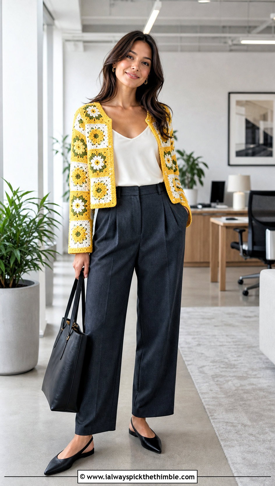 Floral Granny Square Crochet Cardigan With Tailored Trousers - 25 granny square crochet sweater outfit ideas