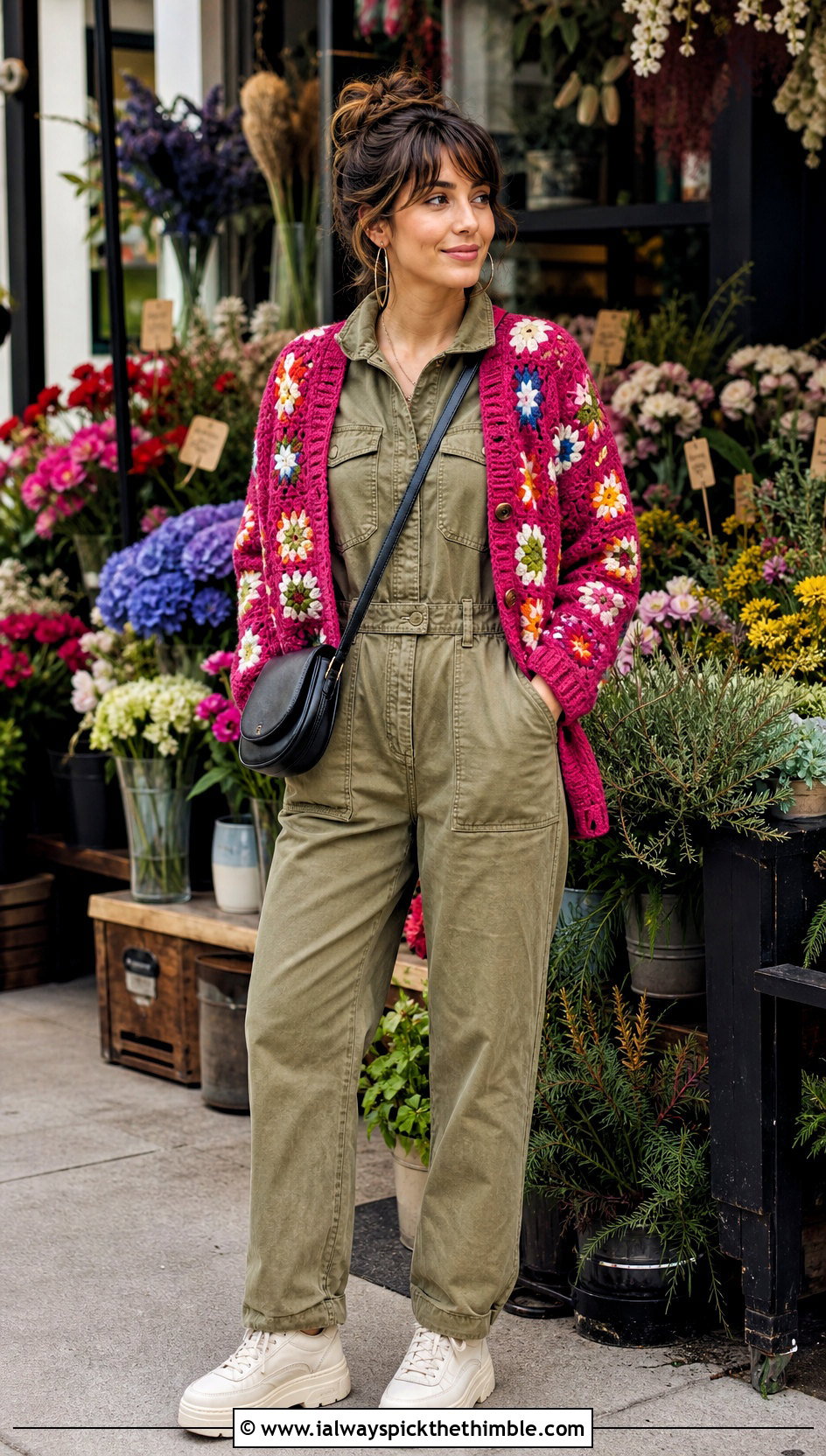 Floral Granny Square Crochet Cardigan With Utility Jumpsuit - 25 granny square crochet cardigan outfit ideas