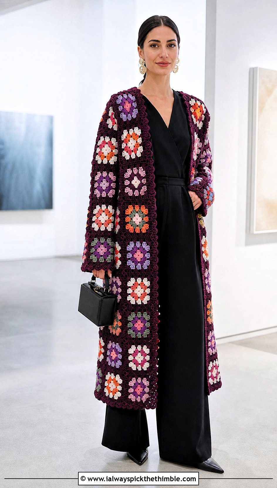 Floral Granny Square Crochet Coat With Black Jumpsuit - 20 Granny Square Crochet Coat outfit ideas