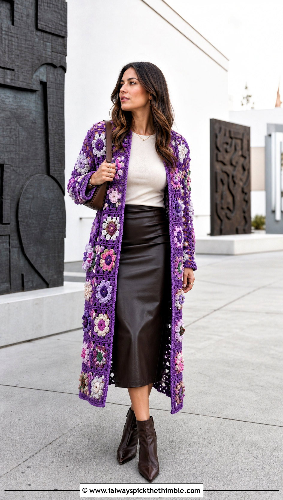 Floral Granny Square Crochet Duster With Leather Midi Skirt - 15 Granny Square Crochet Duster outfit ideas
