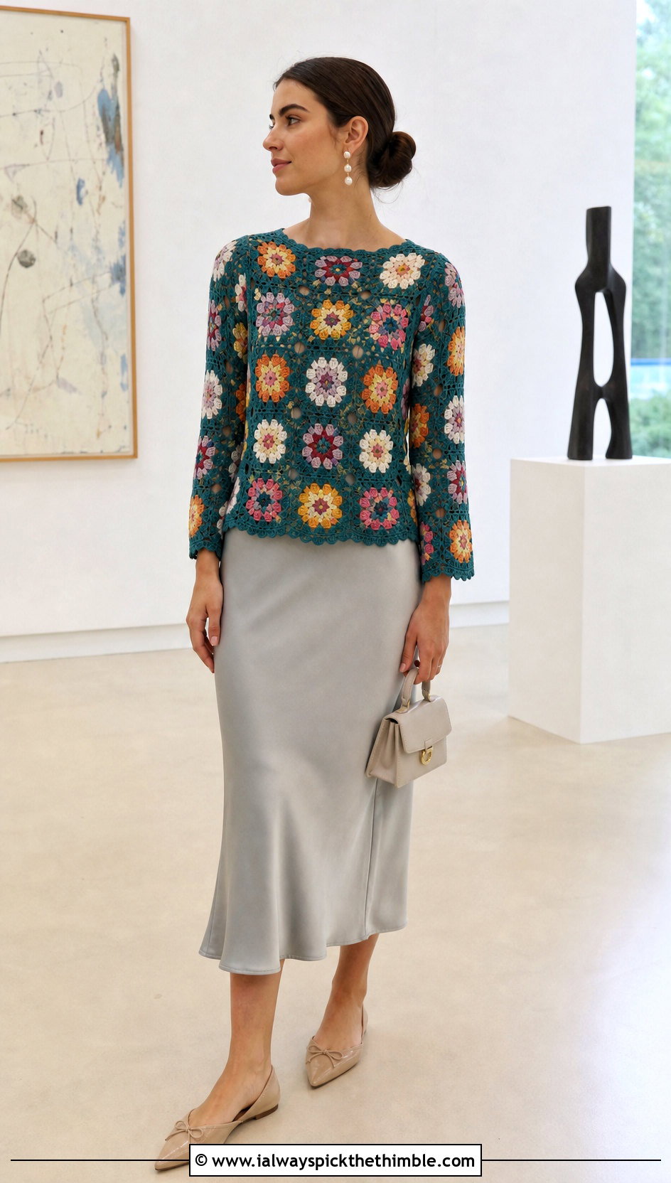 Floral Granny Square Crochet Long Sleeve Top With Satin Midi Skirt - 20 Granny Square Crochet Long Sleeve Top outfit ideas