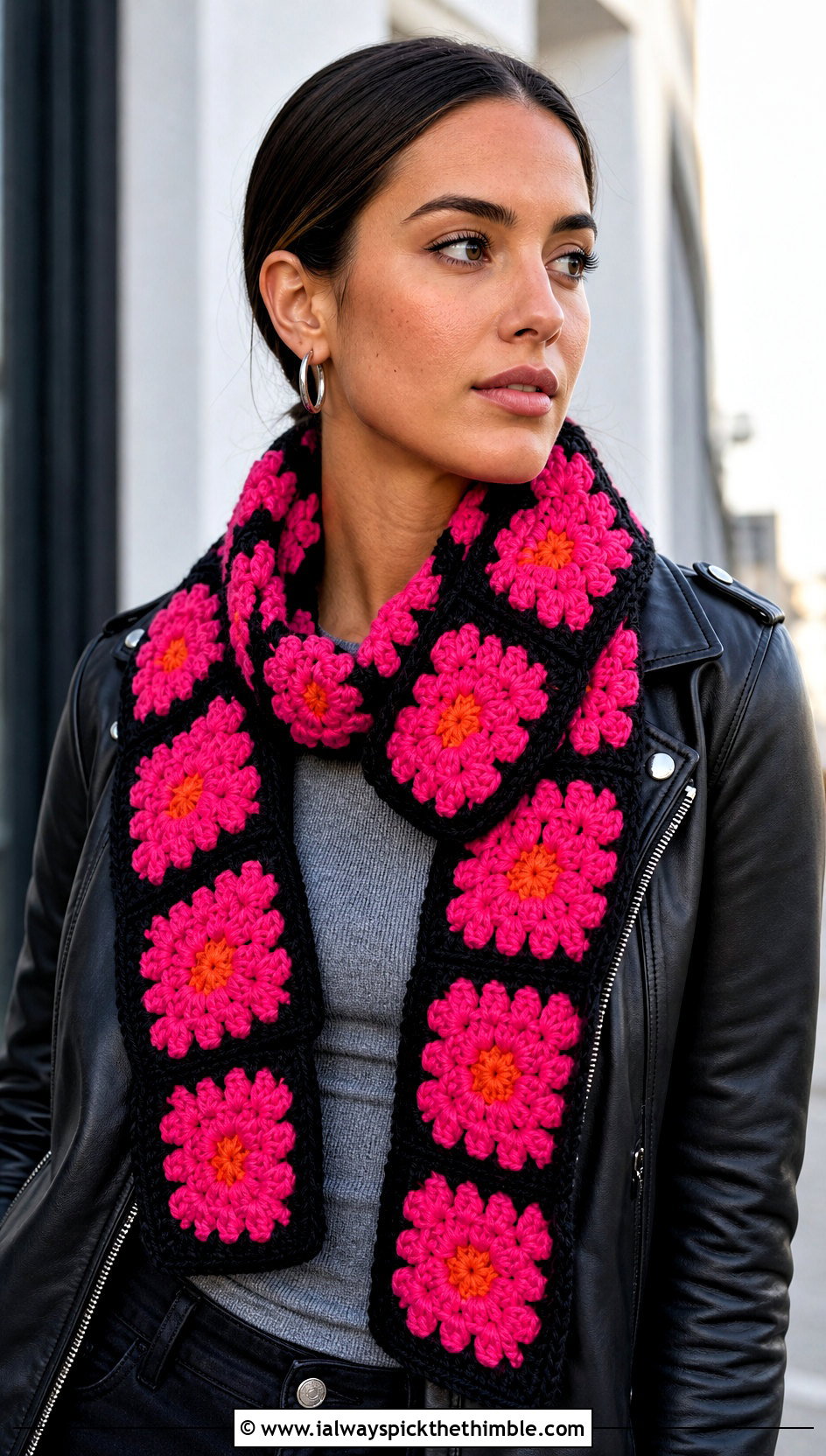 Floral Granny Square Crochet Scarf With Leather Jacket - 25 granny square crochet scarf outfit ideas