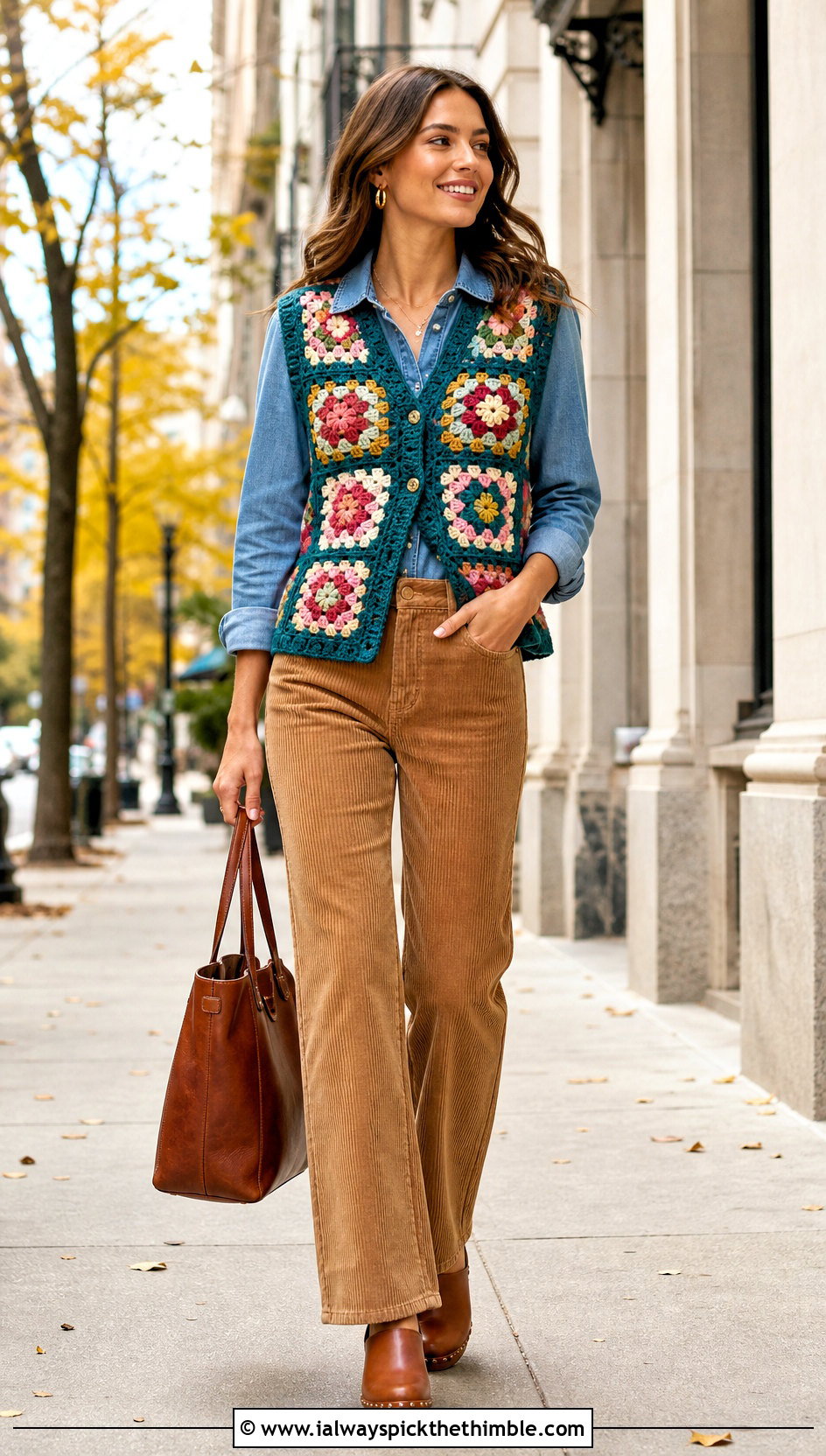 Floral Granny Square Crochet Vest With Denim Shirt - 20 70S Inspired Crochet Top outfit ideas