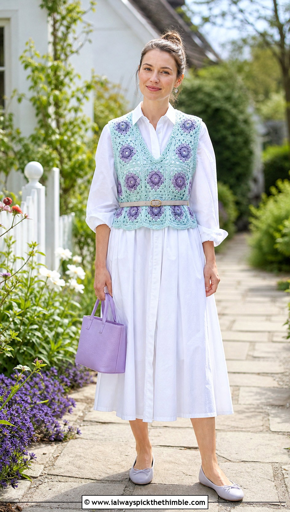 Floral Granny Square Crochet Vest With Poplin Dress - 20 Granny Square Crochet Vest outfit ideas
