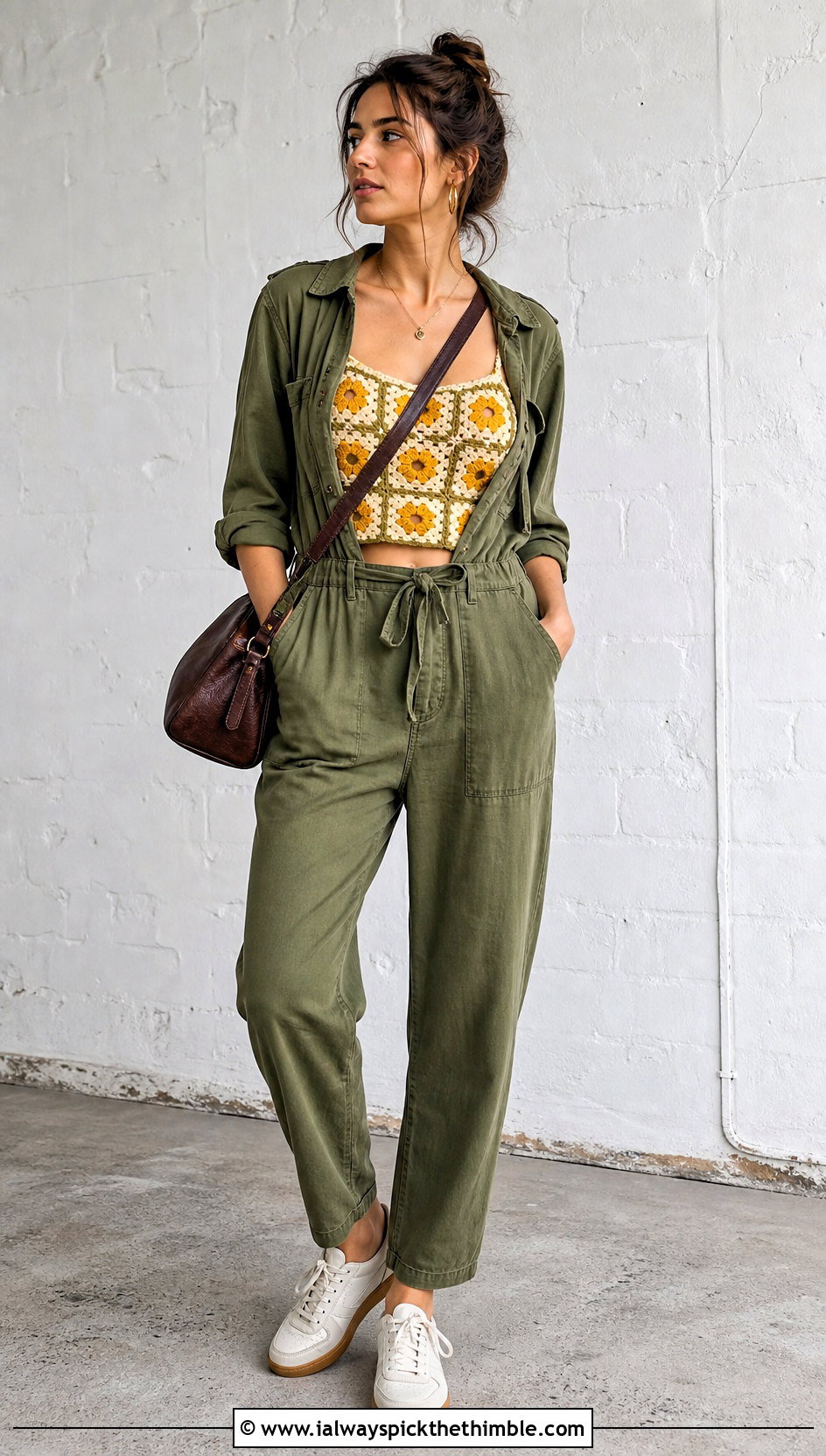Floral Granny Square Crop Top With Utility Jumpsuit - 20 granny square crop top outfit ideas