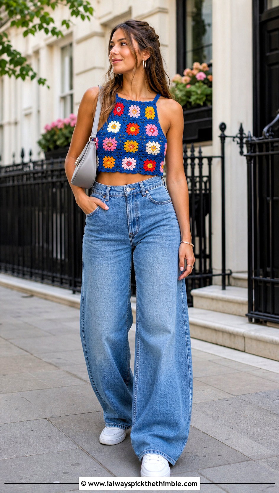 Floral Granny Square Crop Top With Wide Leg Jeans - 25 crochet top with flowers outfit ideas