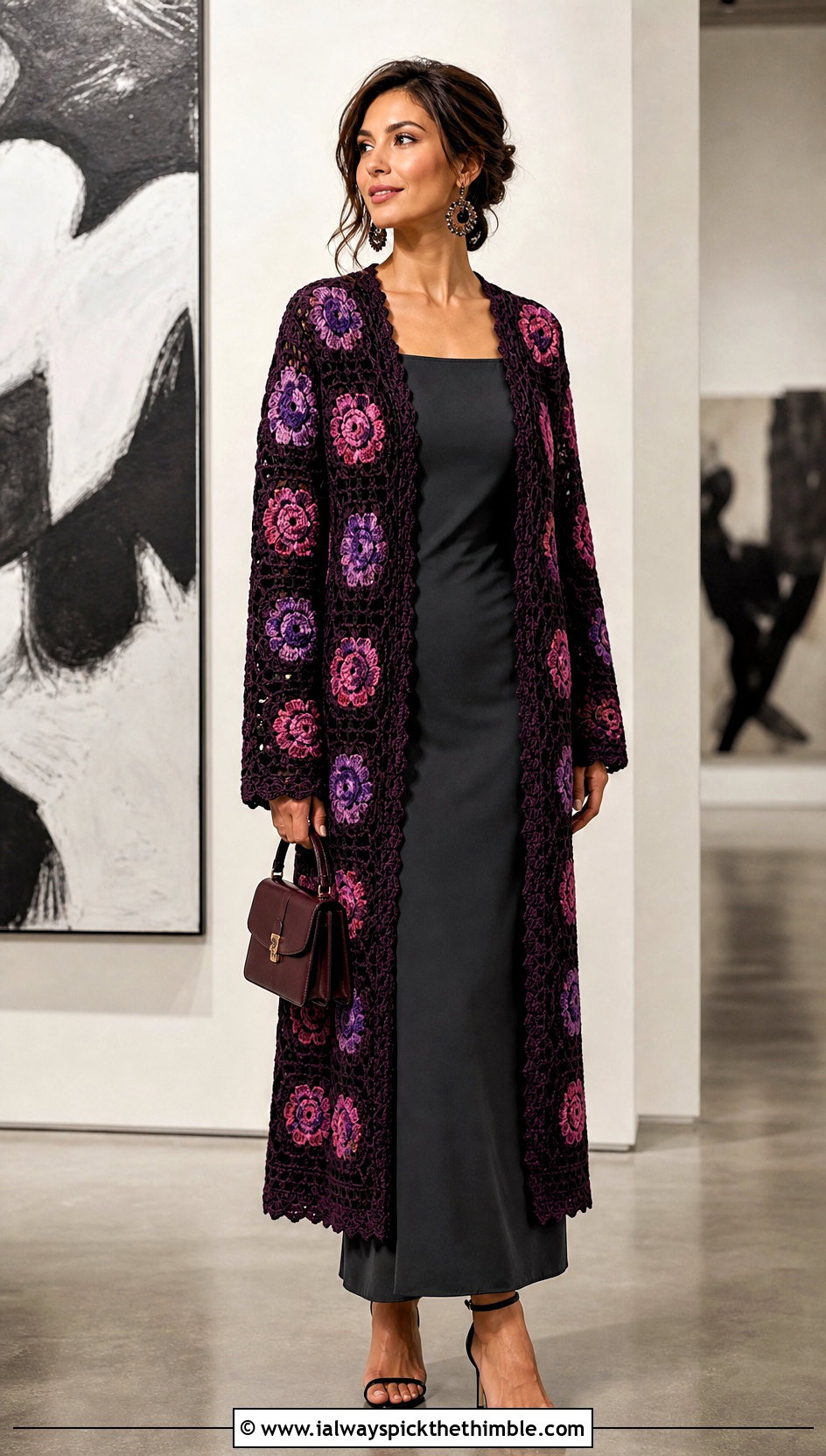 Floral Granny Square Duster With Column Dress - 20 Crochet Granny Square Duster outfit ideas