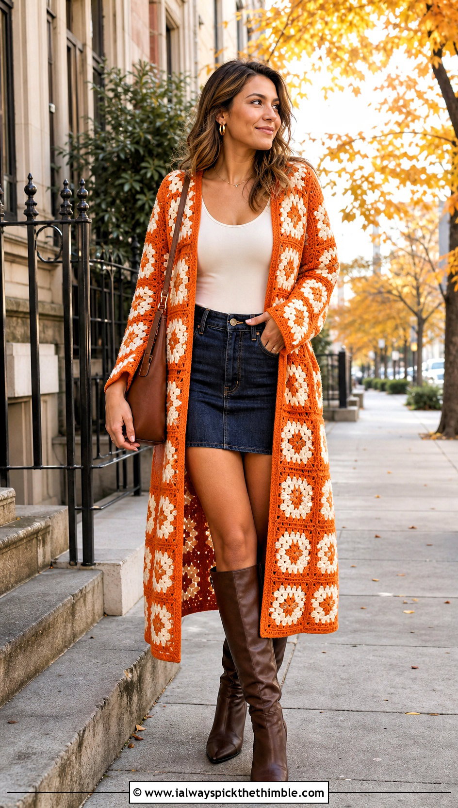 Floral Granny Square Duster With Denim Mini Skirt - 25 granny square duster outfit ideas