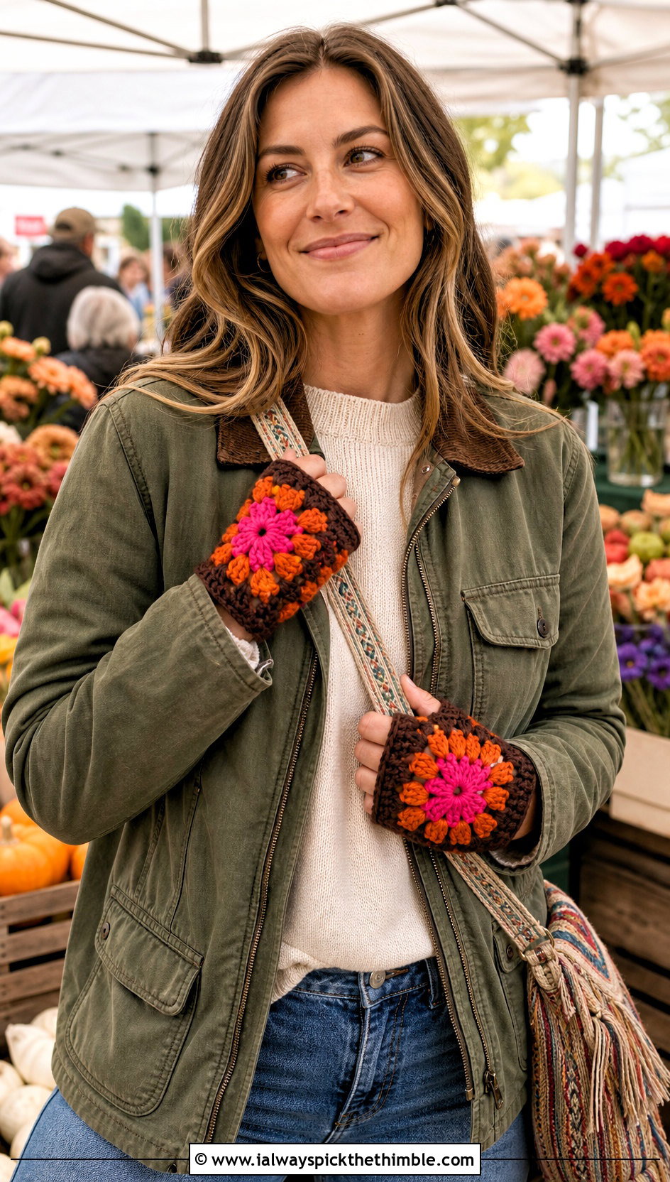 Floral Granny Square Fingerless Gloves With Barn Jacket - 25 granny square fingerless gloves outfit ideas