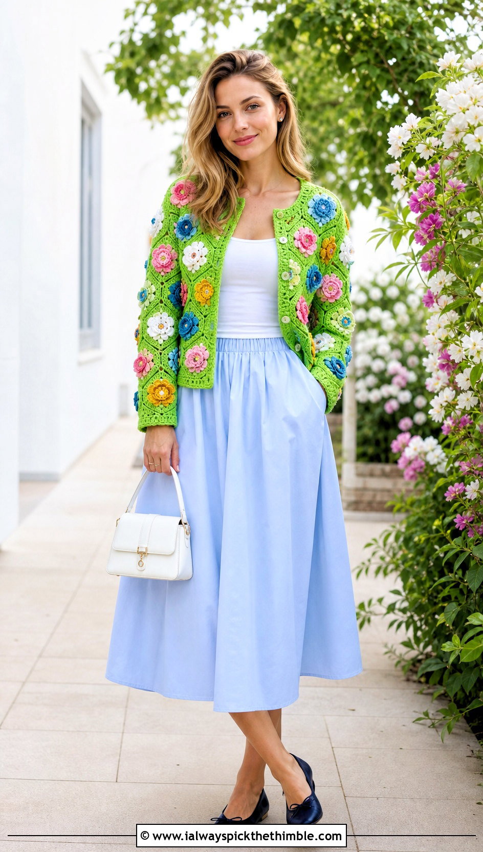 Floral Granny Square Hexagon Cardigan With Poplin Skirt - 25 granny square hexagon cardigan outfit ideas