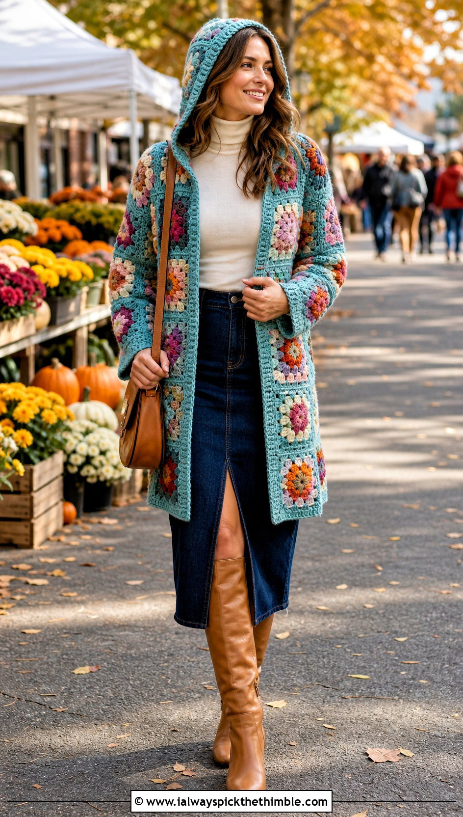 Floral Granny Square Hooded Cardigan With Denim Midi Skirt - 20 Granny Square Hooded Cardigan outfit ideas
