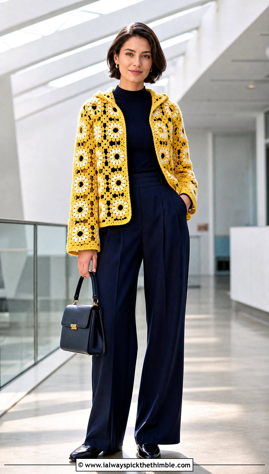 Floral Granny Square Hooded Jacket With Tailored Trousers - 20 Granny Square Hooded Jacket outfit ideas