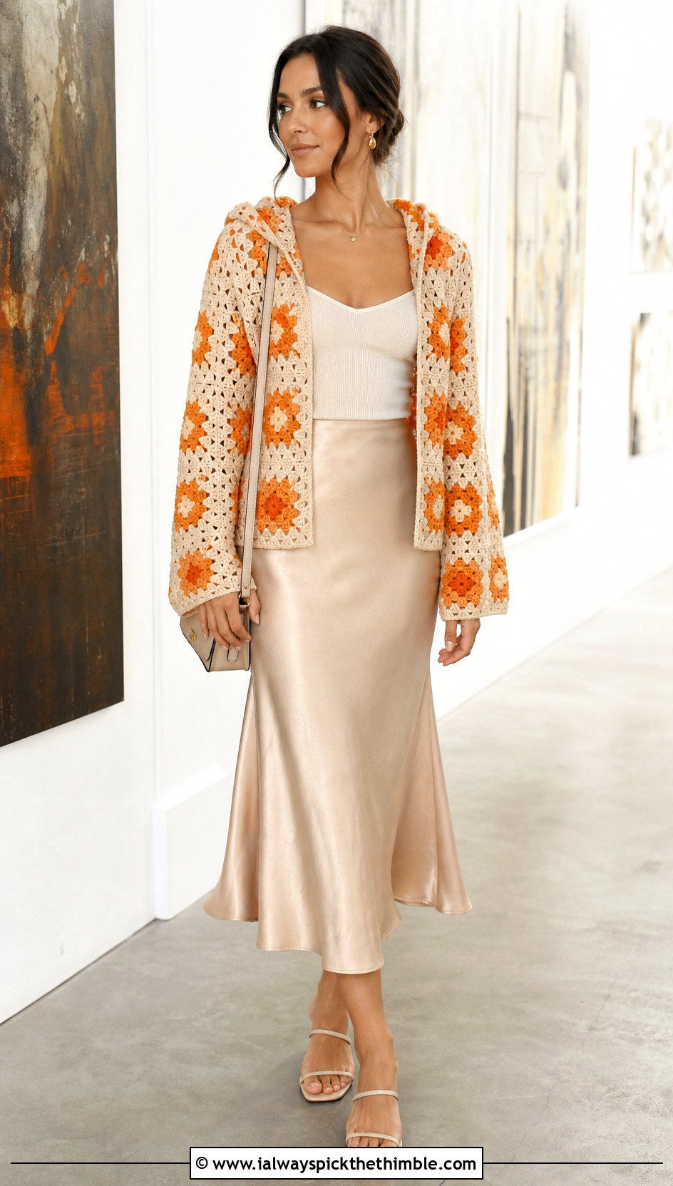 Floral Granny Square Hoodie With Satin Midi Skirt - 25 granny square hoodie outfit ideas