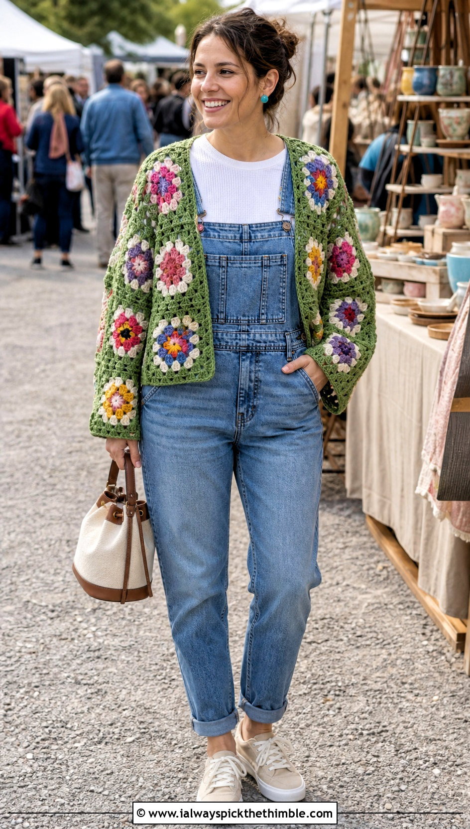 Floral Granny Square Jacket With Denim Overalls - 25 granny square crochet cardigan jacket outfit ideas