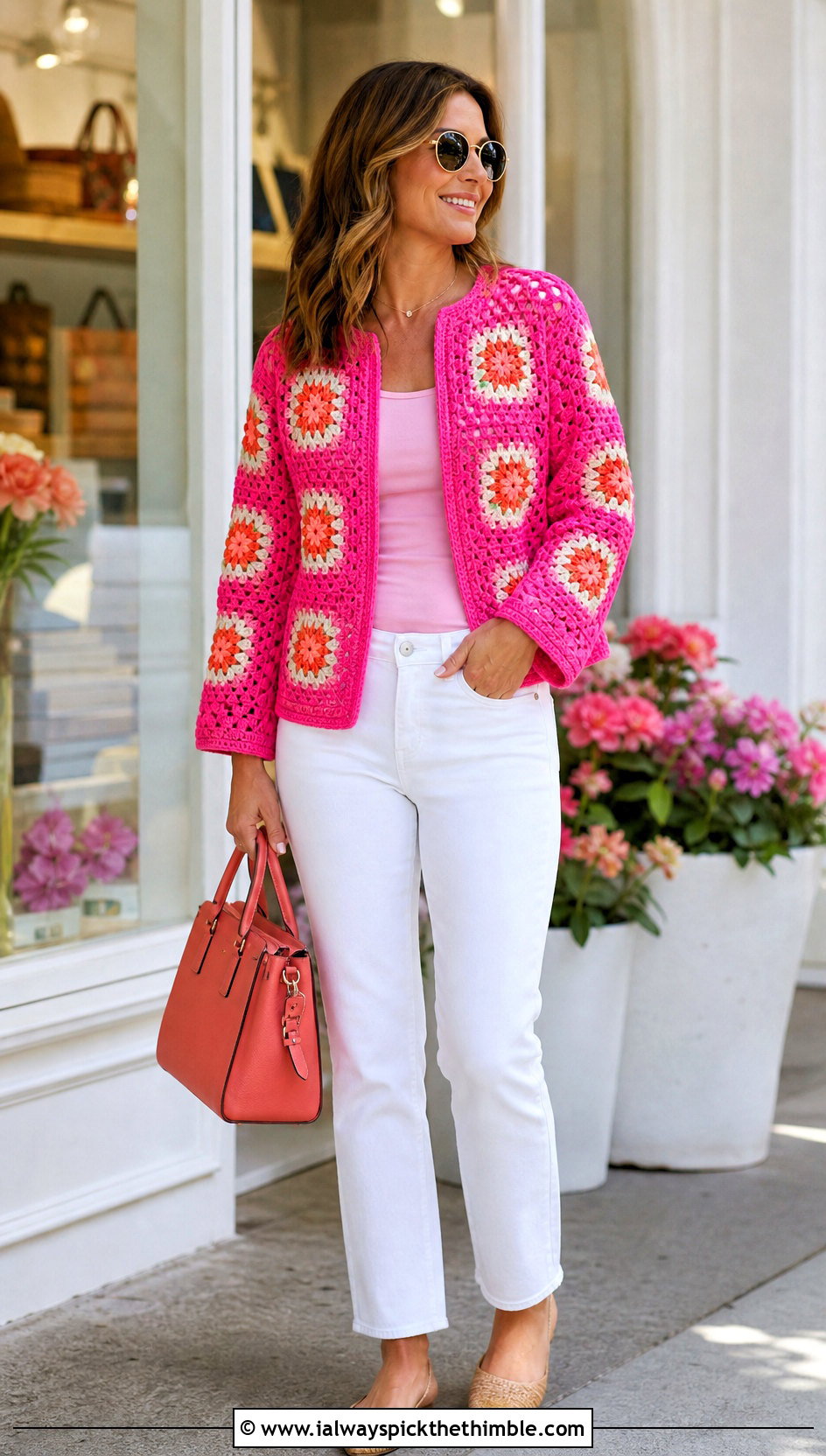 Floral Granny Square Jacket With White Jeans - 25 granny square jacket outfit ideas