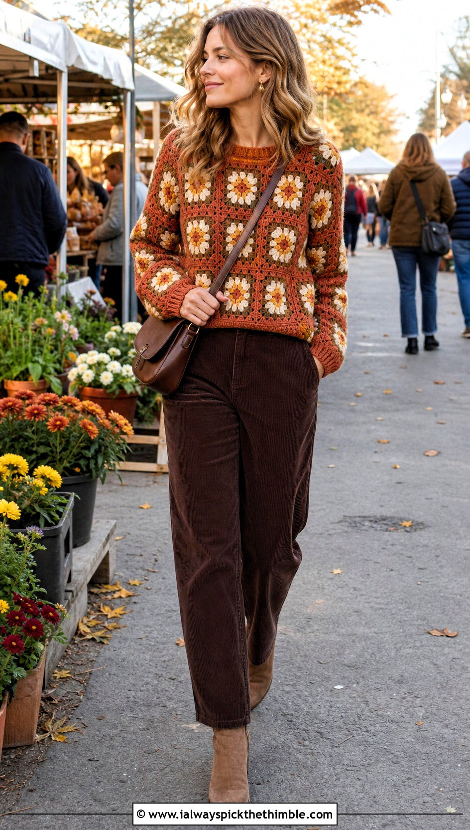 Floral Granny Square Jumper With Corduroy Pants - 25 granny square jumper outfit ideas