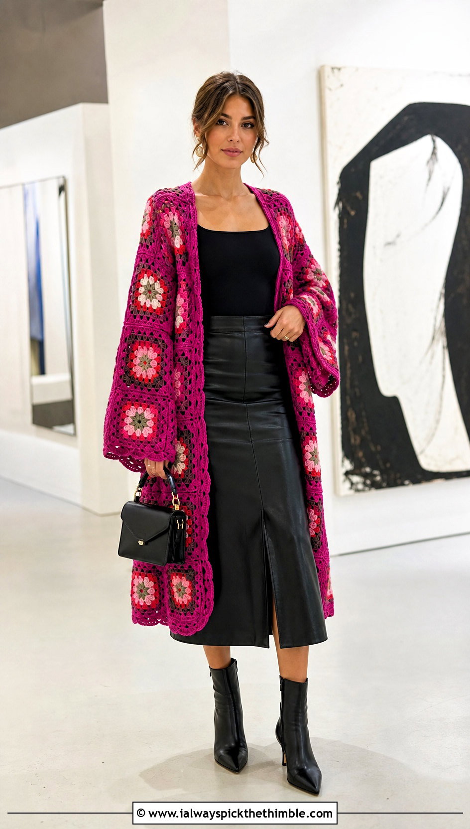 Floral Granny Square Kimono With Leather Midi Skirt - 15 crochet granny square kimono outfit ideas
