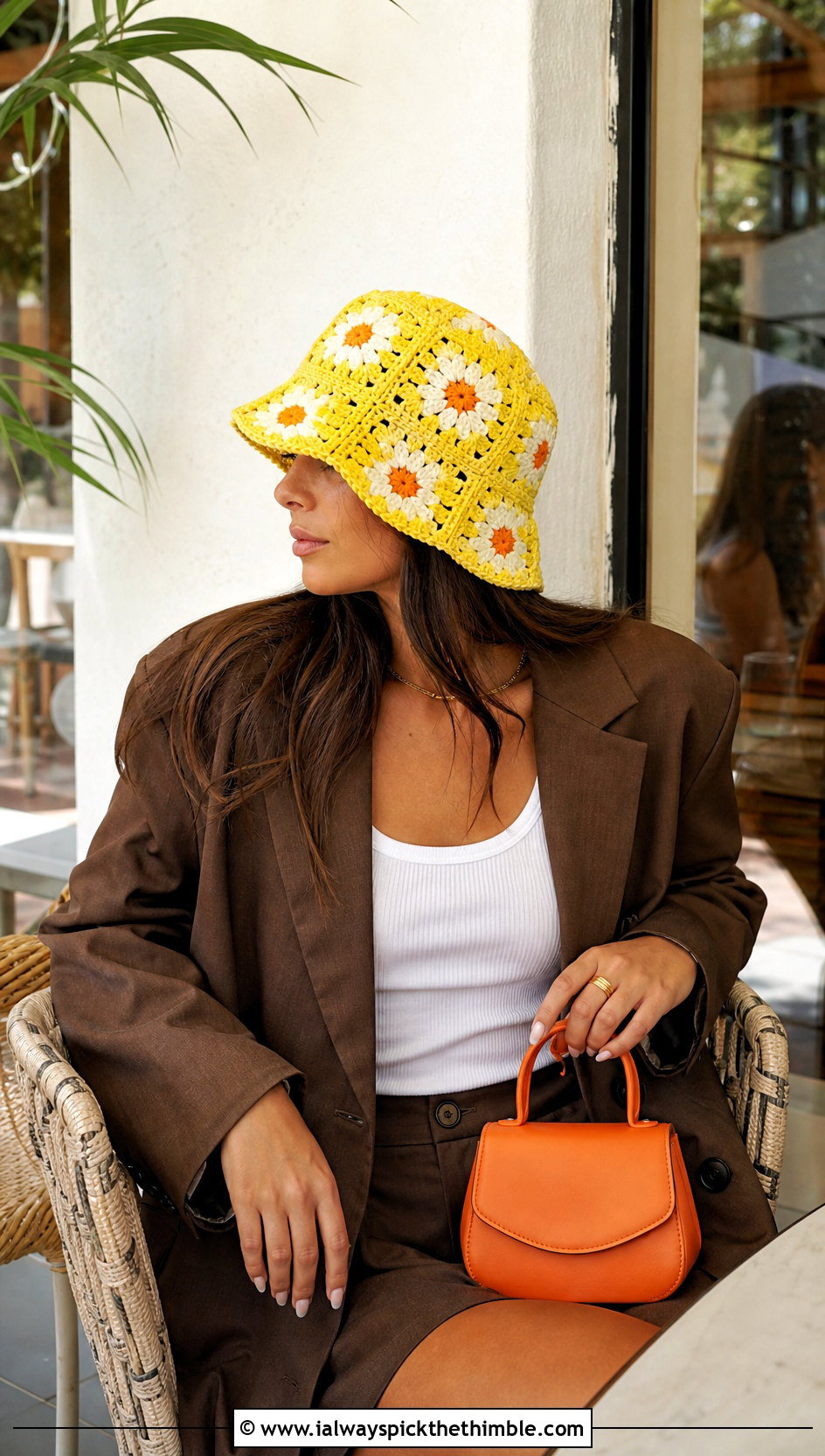 Floral Granny Square Lemon Bucket Hat With Blazer And Bermuda Shorts - 20 Lemon Crochet Bucket Hat outfit ideas
