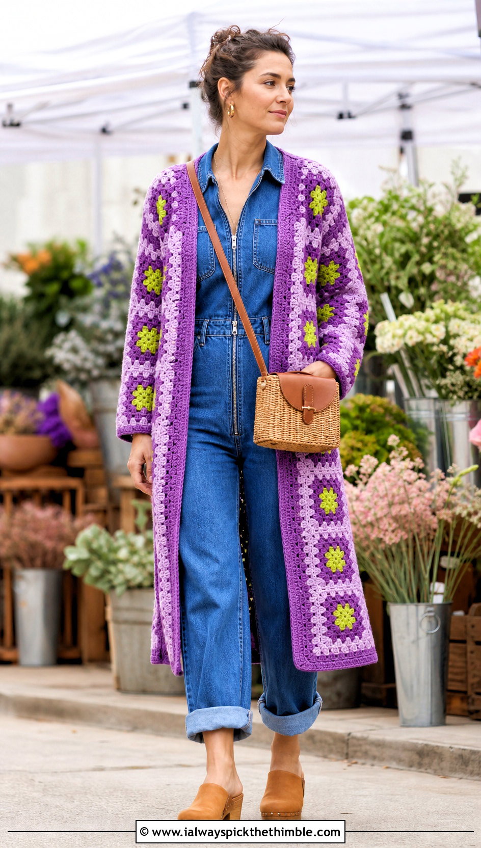 Floral Granny Square Long Cardigan With Denim Jumpsuit - 25 long granny square cardigan outfit ideas