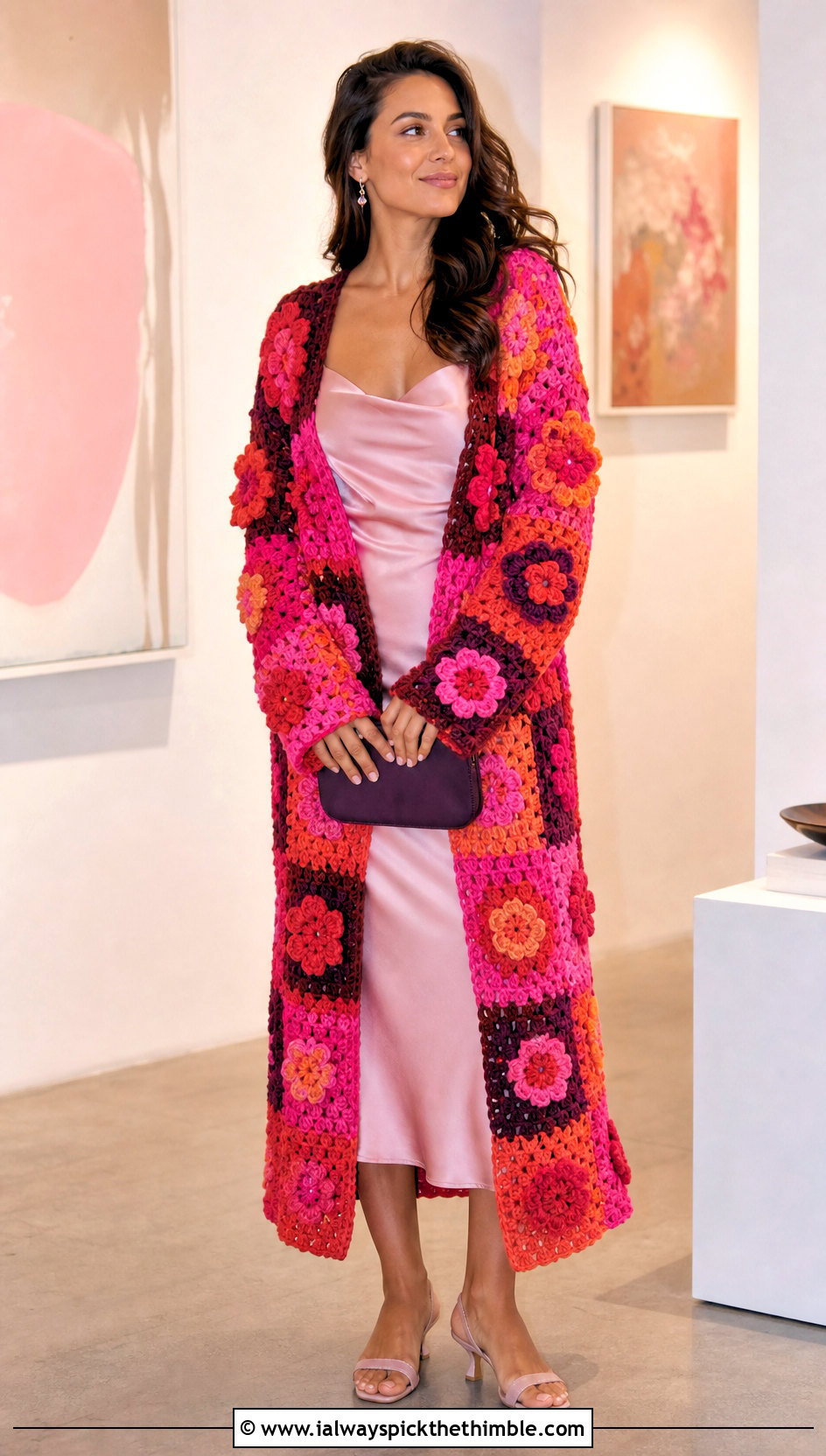 Floral Granny Square Long Cardigan With Satin Slip Dress - 20 crochet granny square long cardigan outfit ideas