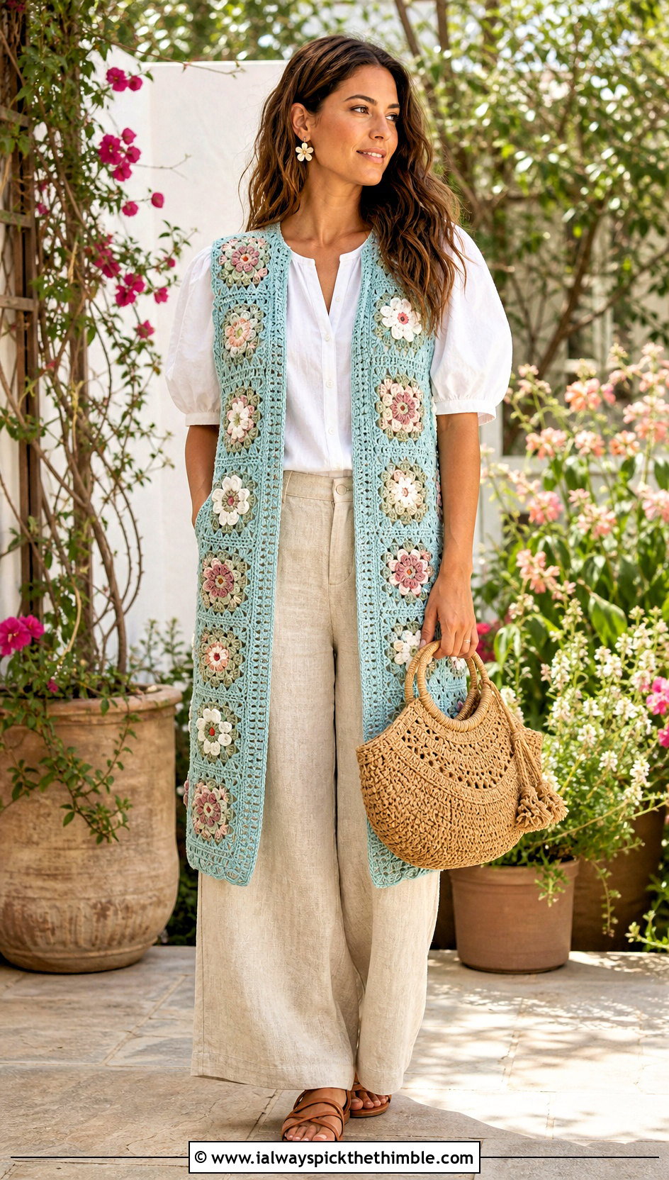 Floral Granny Square Long Vest With Puff Sleeve Blouse And Linen Pants - 20 Granny Square Long Vest outfit ideas