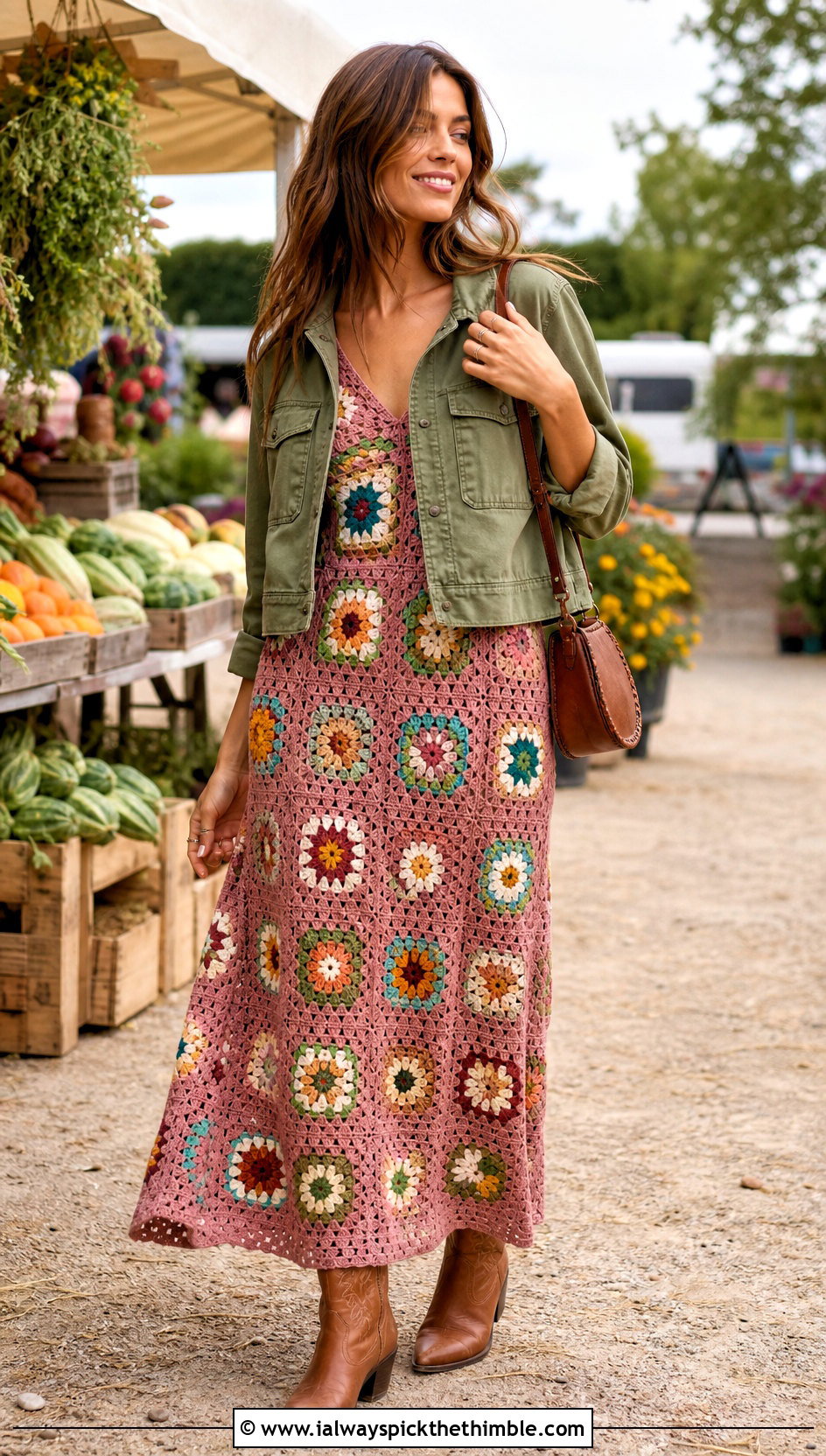 Floral Granny Square Maxi Dress With Western Boots - 20 Granny Square Crochet Dress outfit ideas