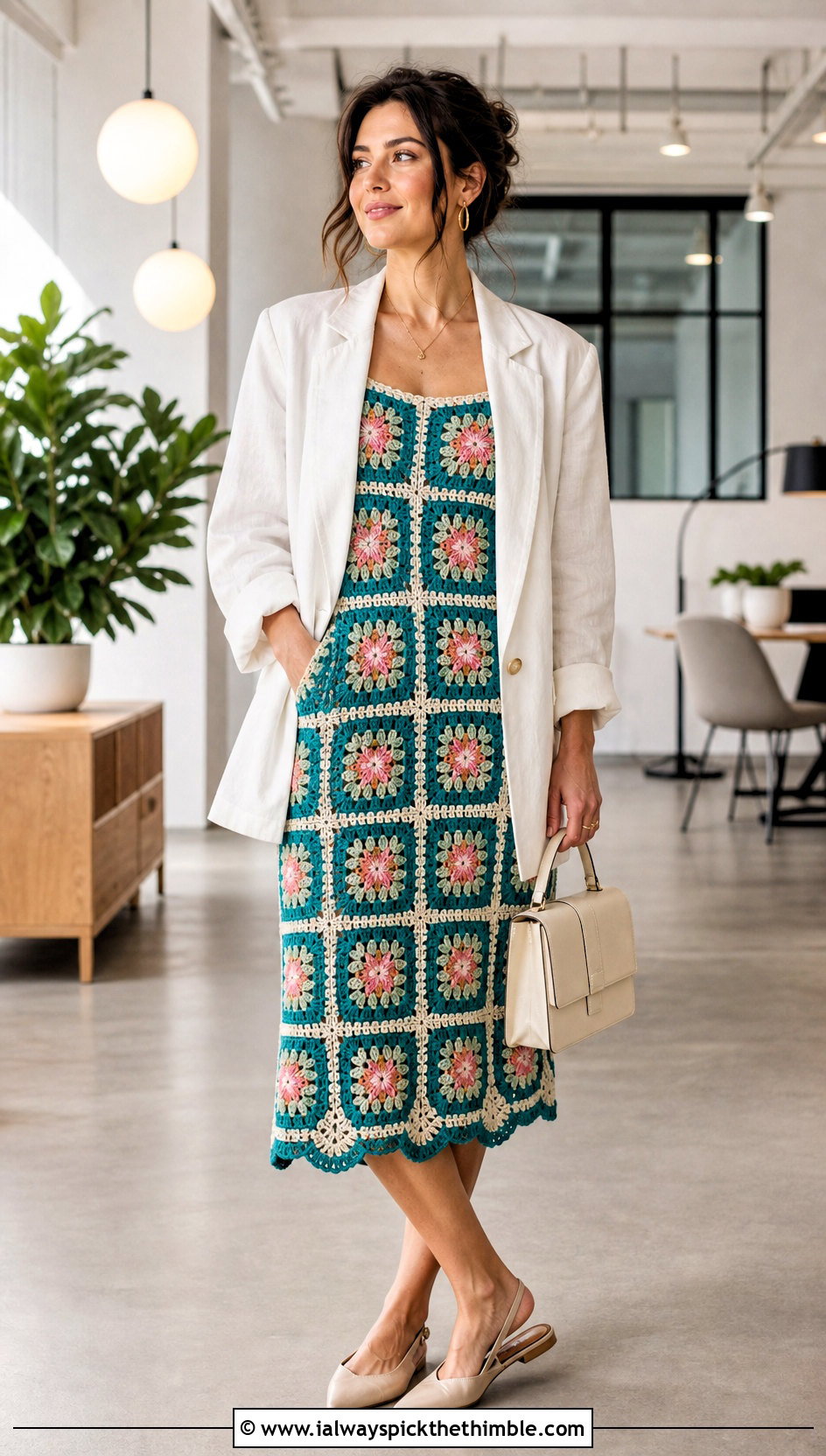 Floral Granny Square Midi Dress With Linen Blazer - 25 granny square dress outfit ideas