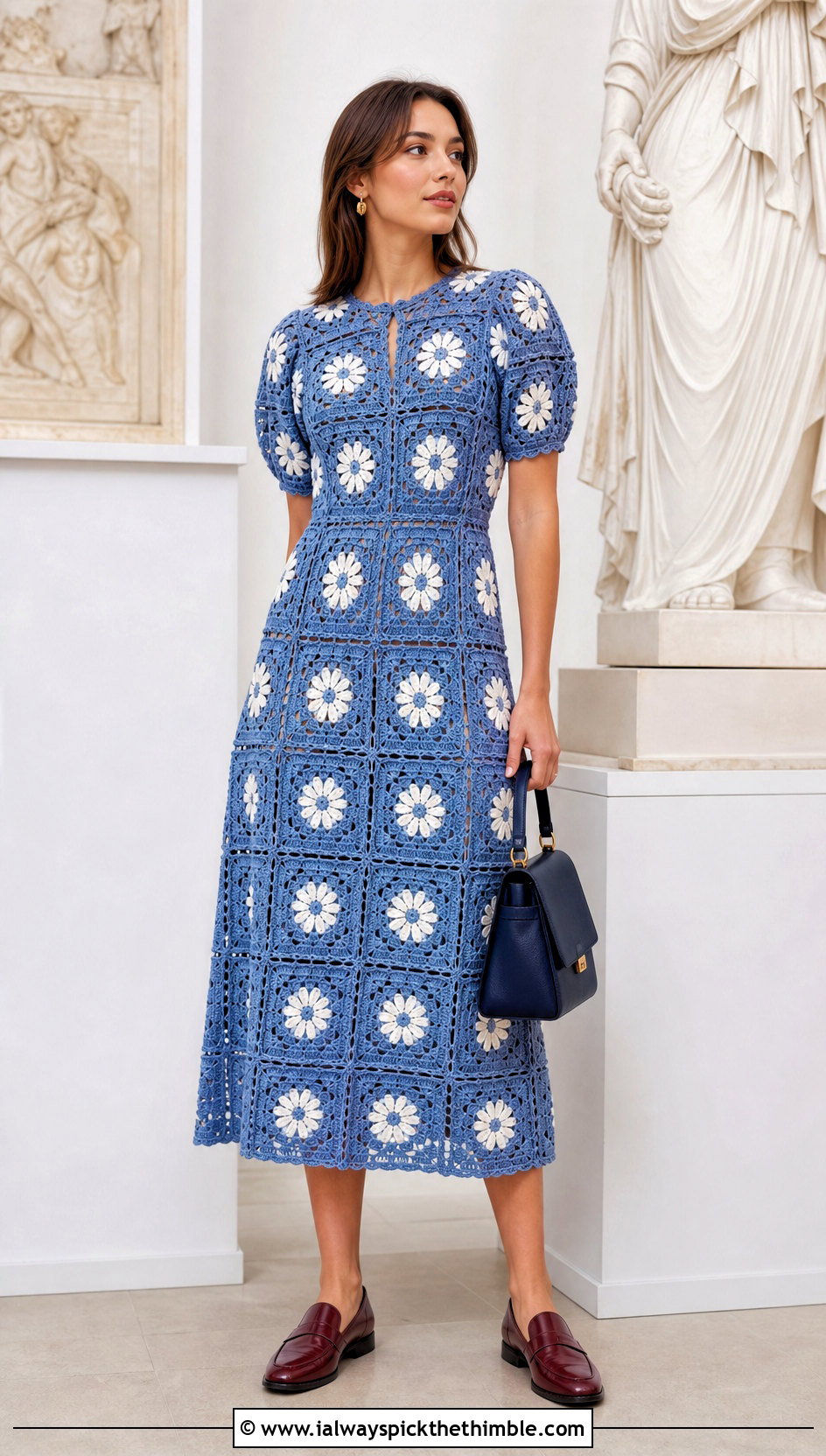 Floral Granny Square Midi Dress With Loafers - 20 Crochet Clothes With Granny Squares outfit ideas