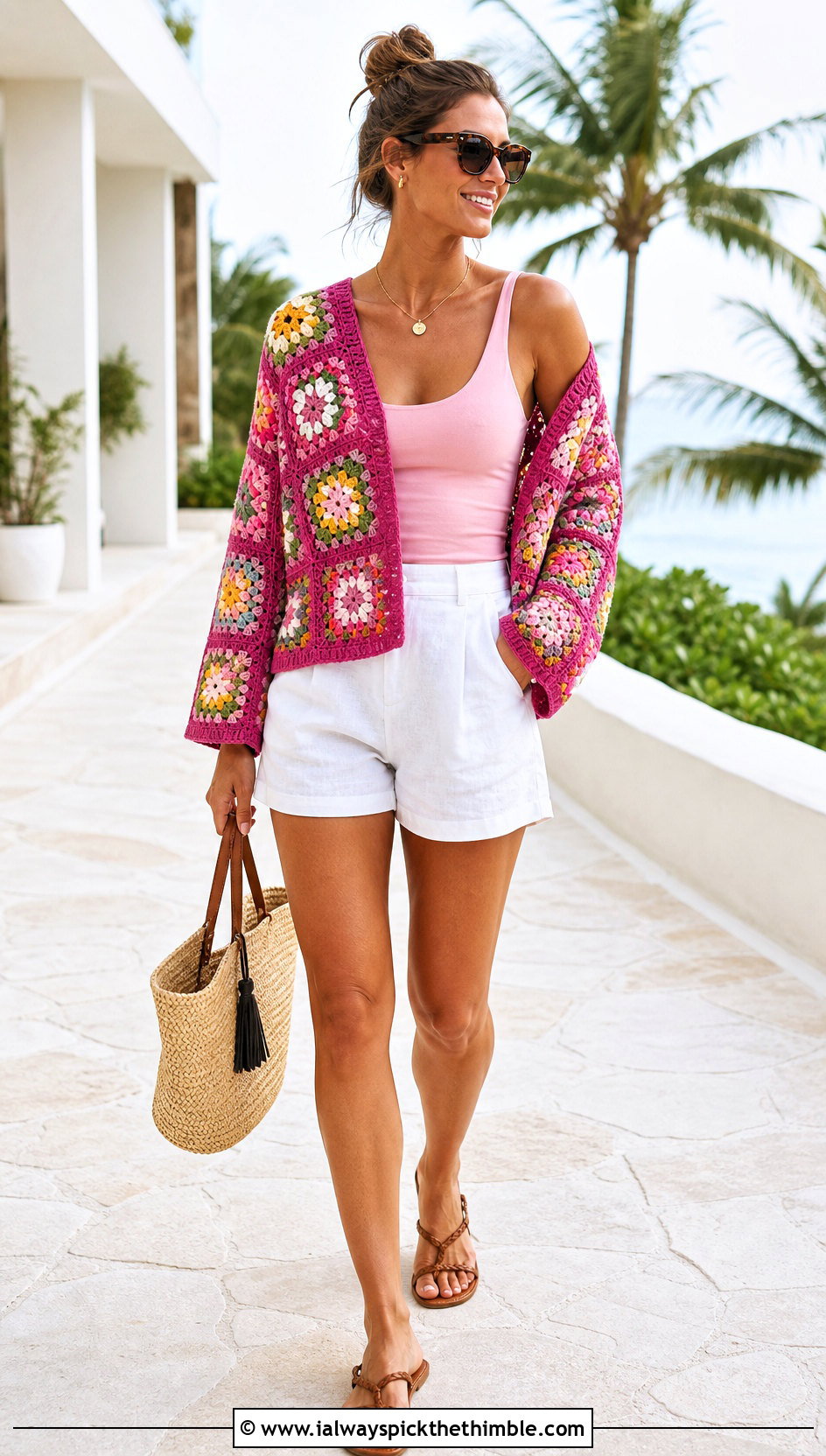 Floral Granny Square Off The Shoulder Sweater With Linen Shorts - 20 granny square off the shoulder sweater outfit ideas