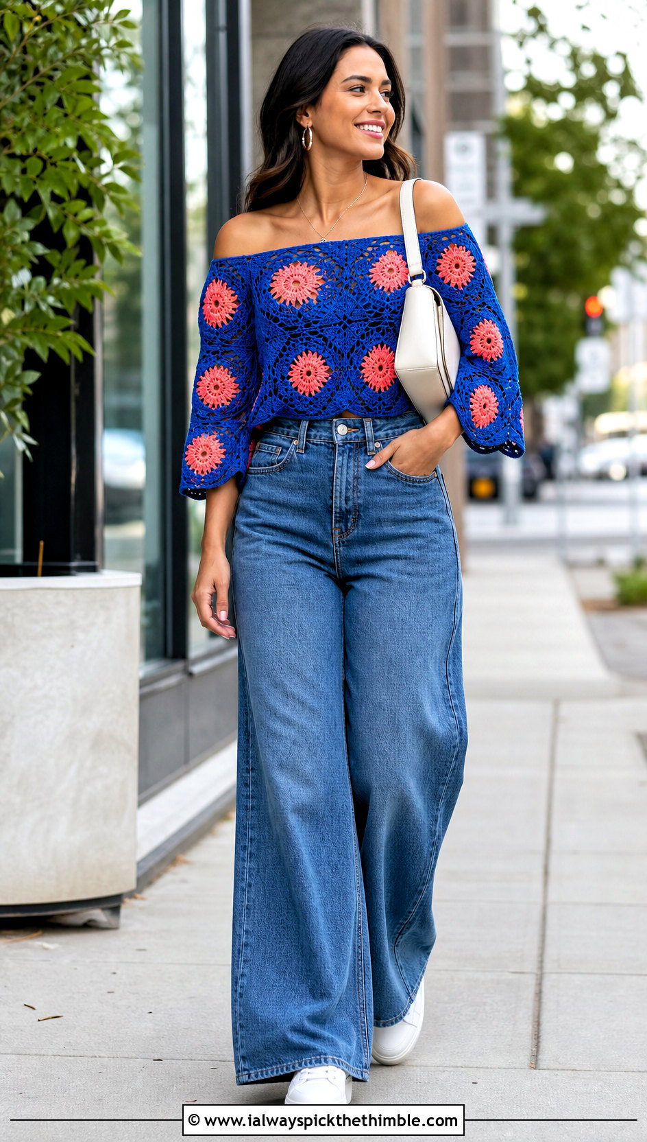 Floral Granny Square Off The Shoulder Top With Wide Leg Jeans - 20 Granny Square Off The Shoulder Top outfit ideas