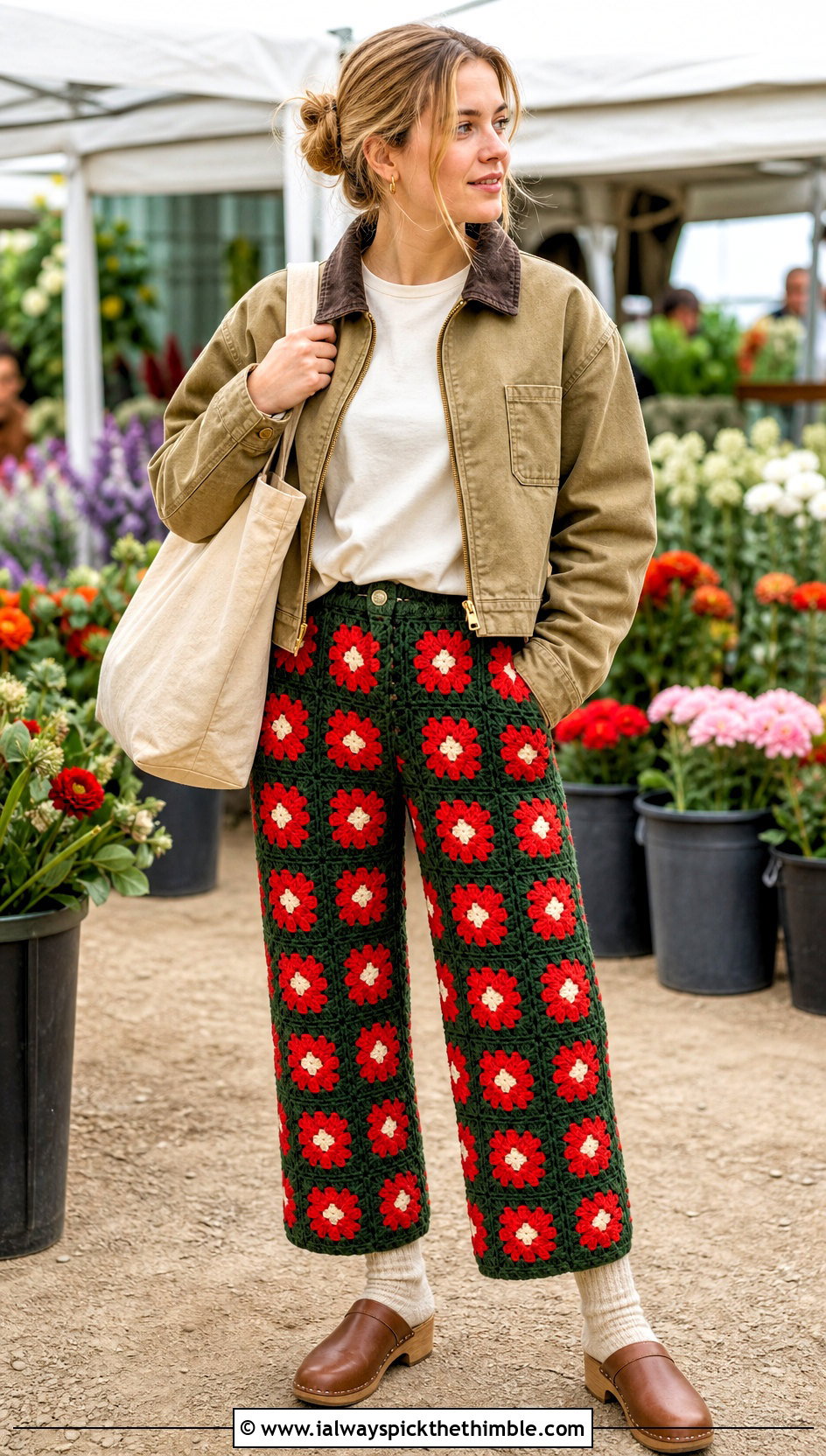 Floral Granny Square Pants With Barn Jacket - 25 granny square pants outfit ideas