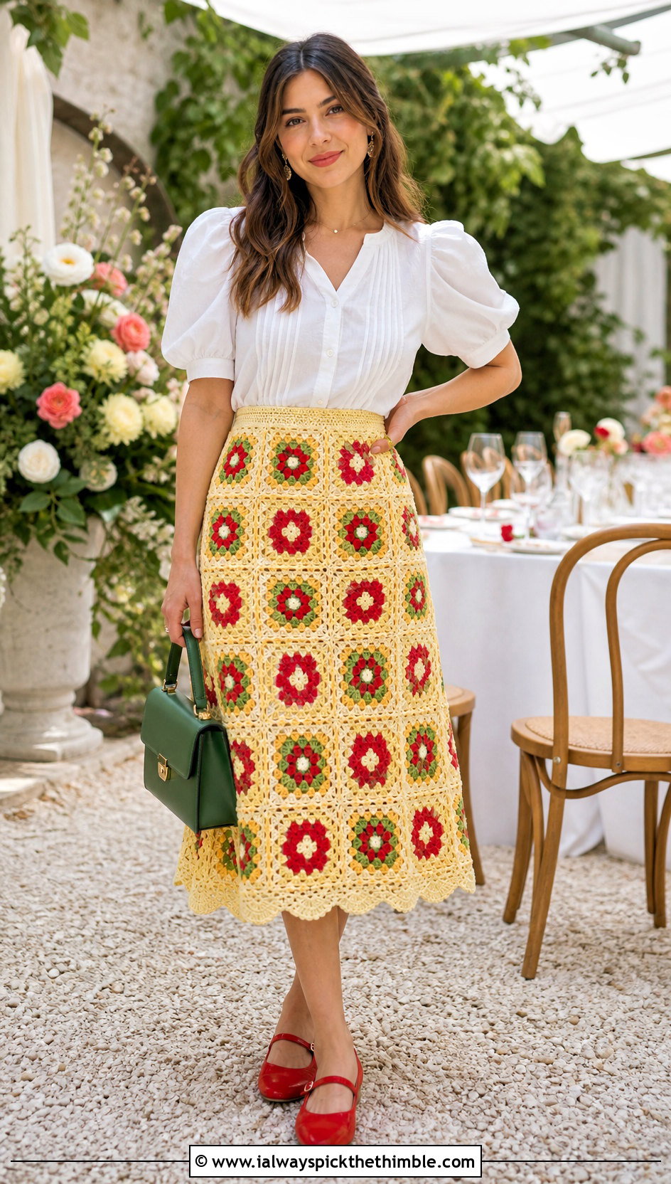 Floral Granny Square Patchwork Skirt With Puff Sleeve Blouse - 20 crochet patchwork skirt outfit ideas