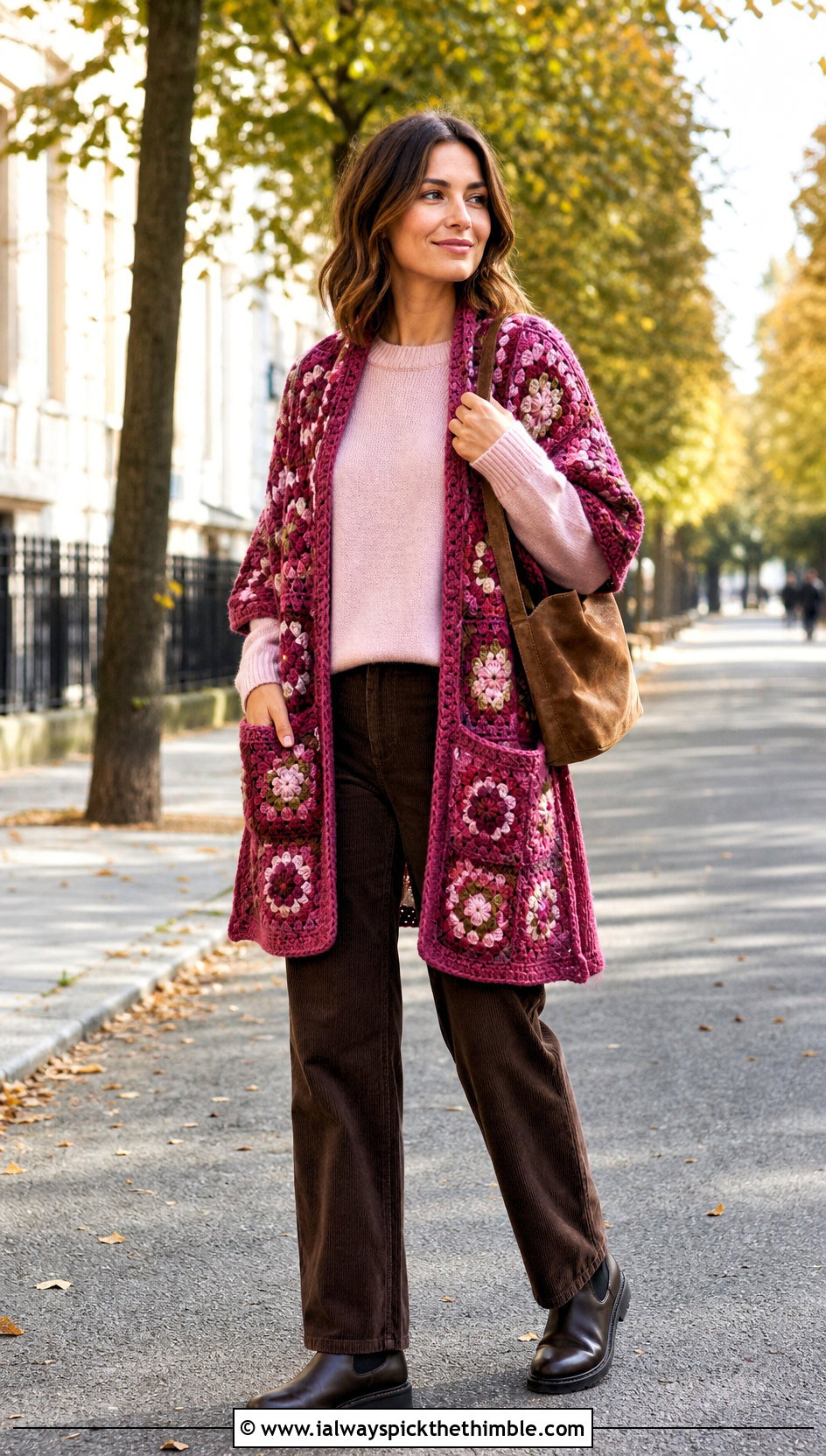 Floral Granny Square Pocket Shawl With Corduroy Pants - 20 Granny Square Pocket Shawl outfit ideas