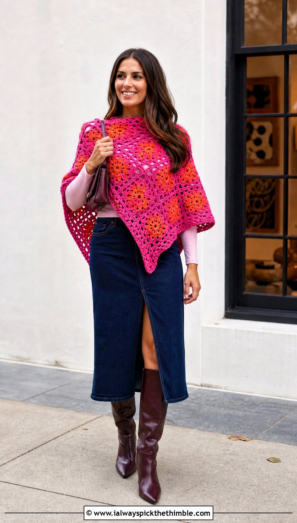Floral Granny Square Poncho With Denim Midi Skirt - 15 easy granny square poncho outfit ideas